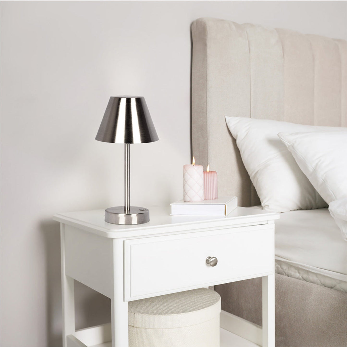 Modern brushed nickel bedside lamp with minimalist design perfect for reading