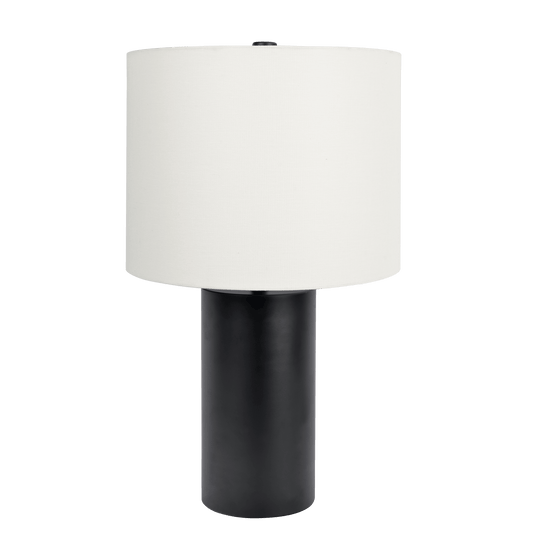Modern black cylinder table lamp with a textured white drum shade