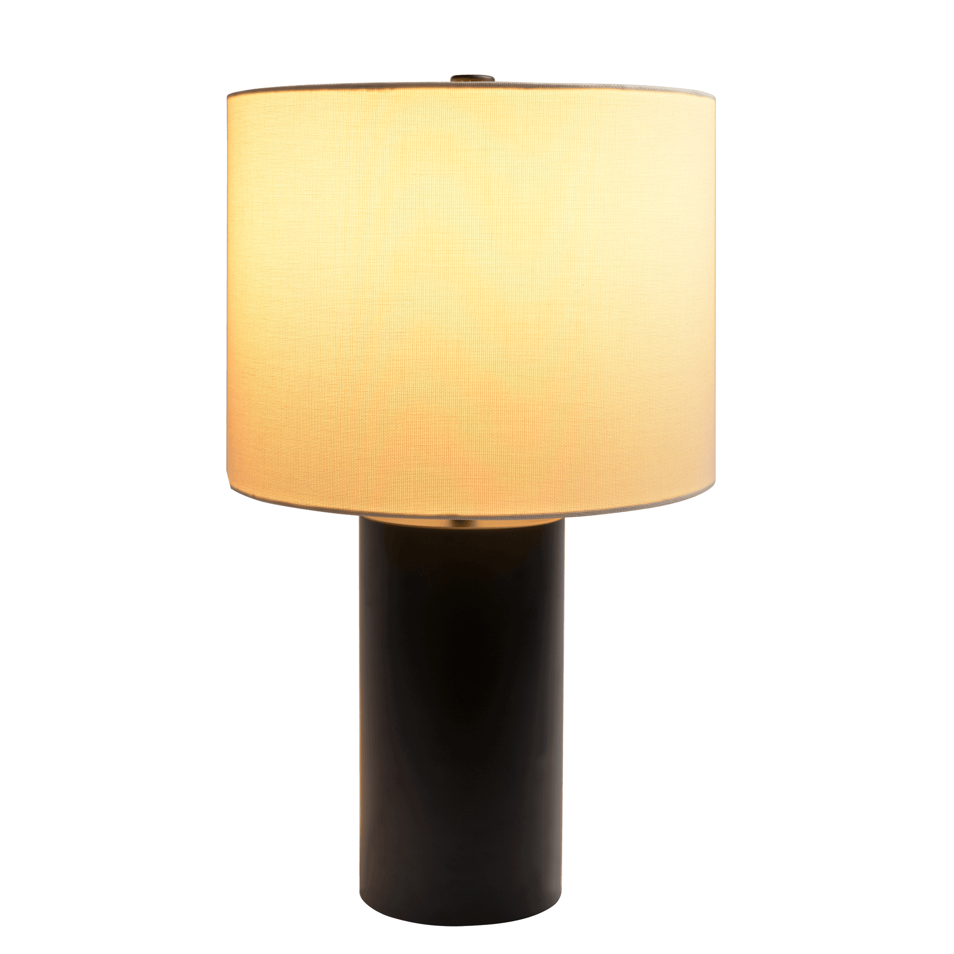 Black cylinder base table lamp with offwhite fabric shade