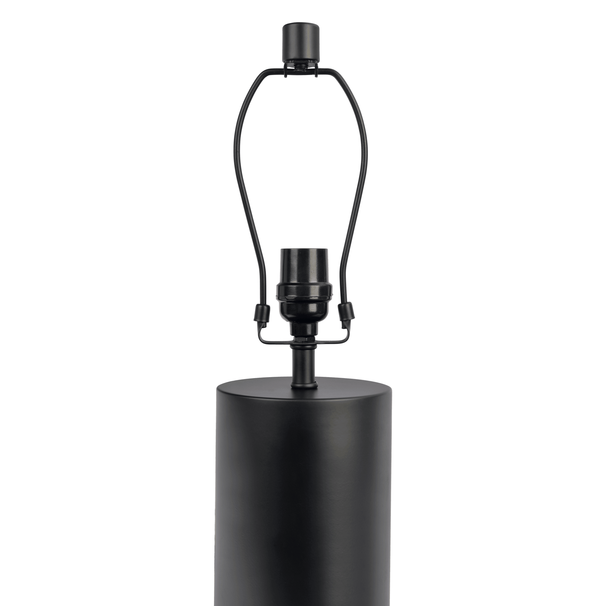 Sleek black metal lamp base with a simple cylinder design and harp fitting