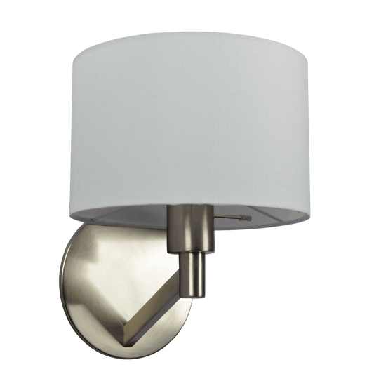 Brushed nickel modern wall sconce with white fabric drum shade