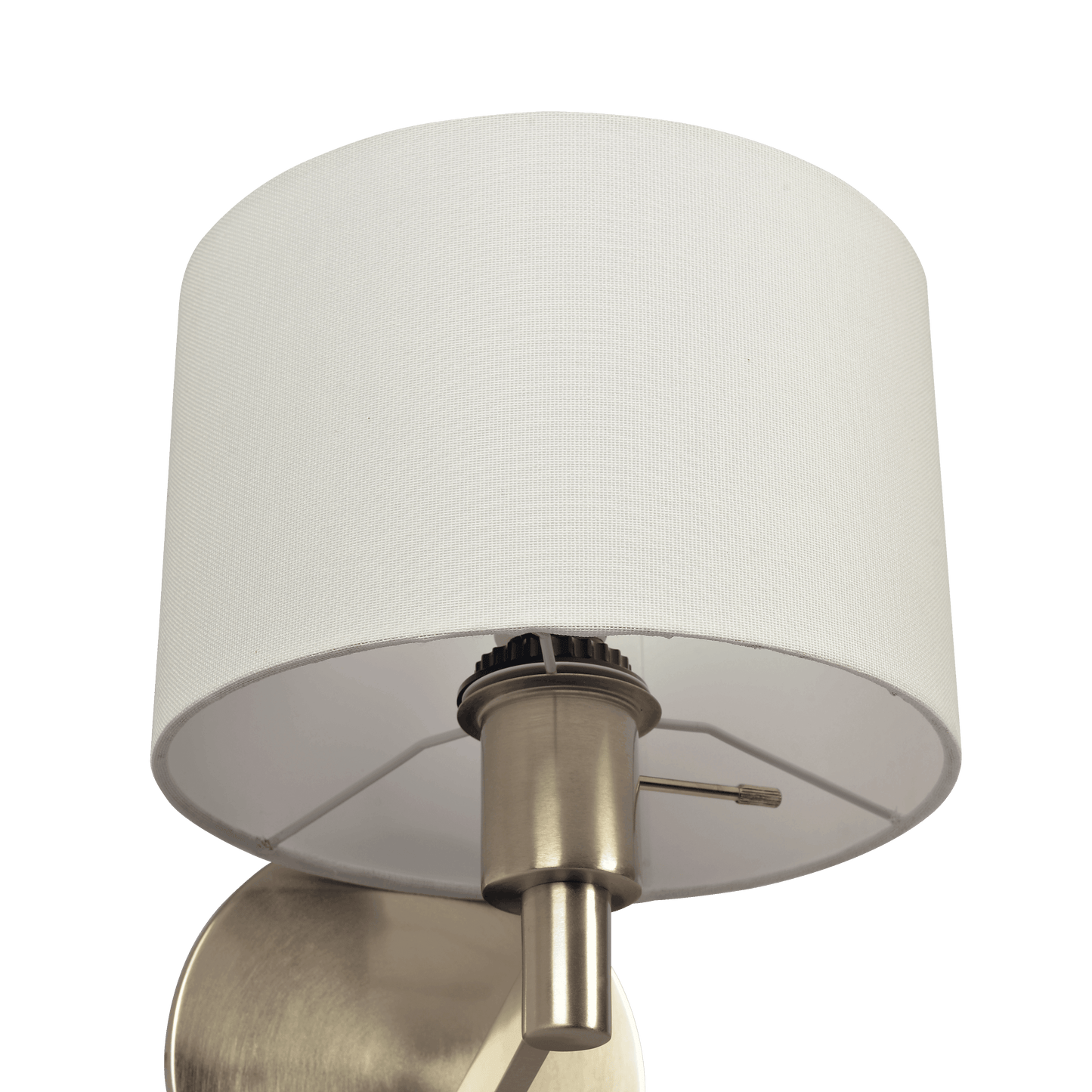 Brushed nickel wall sconce with white fabric drum shade