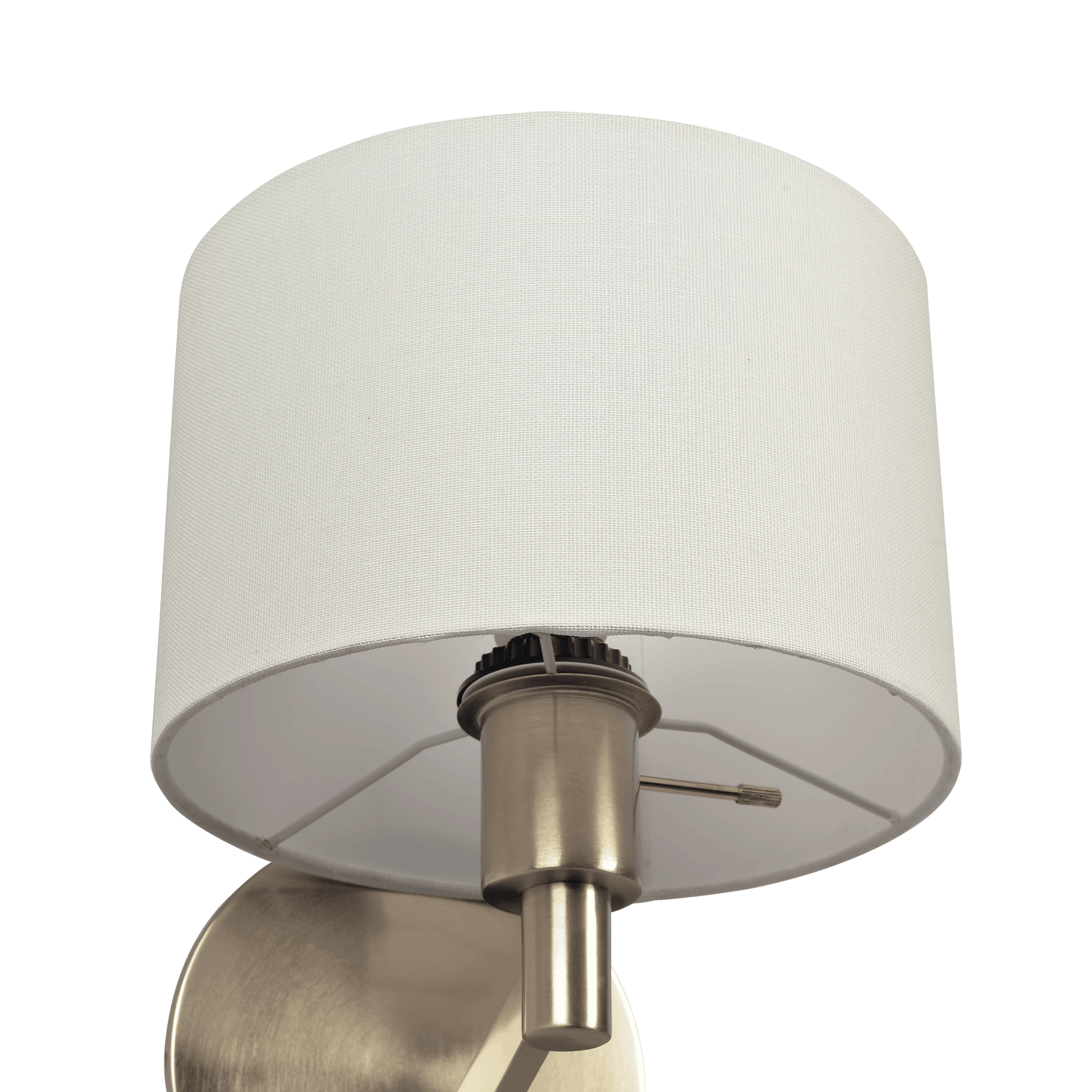 Brushed nickel wall sconce with white fabric drum shade