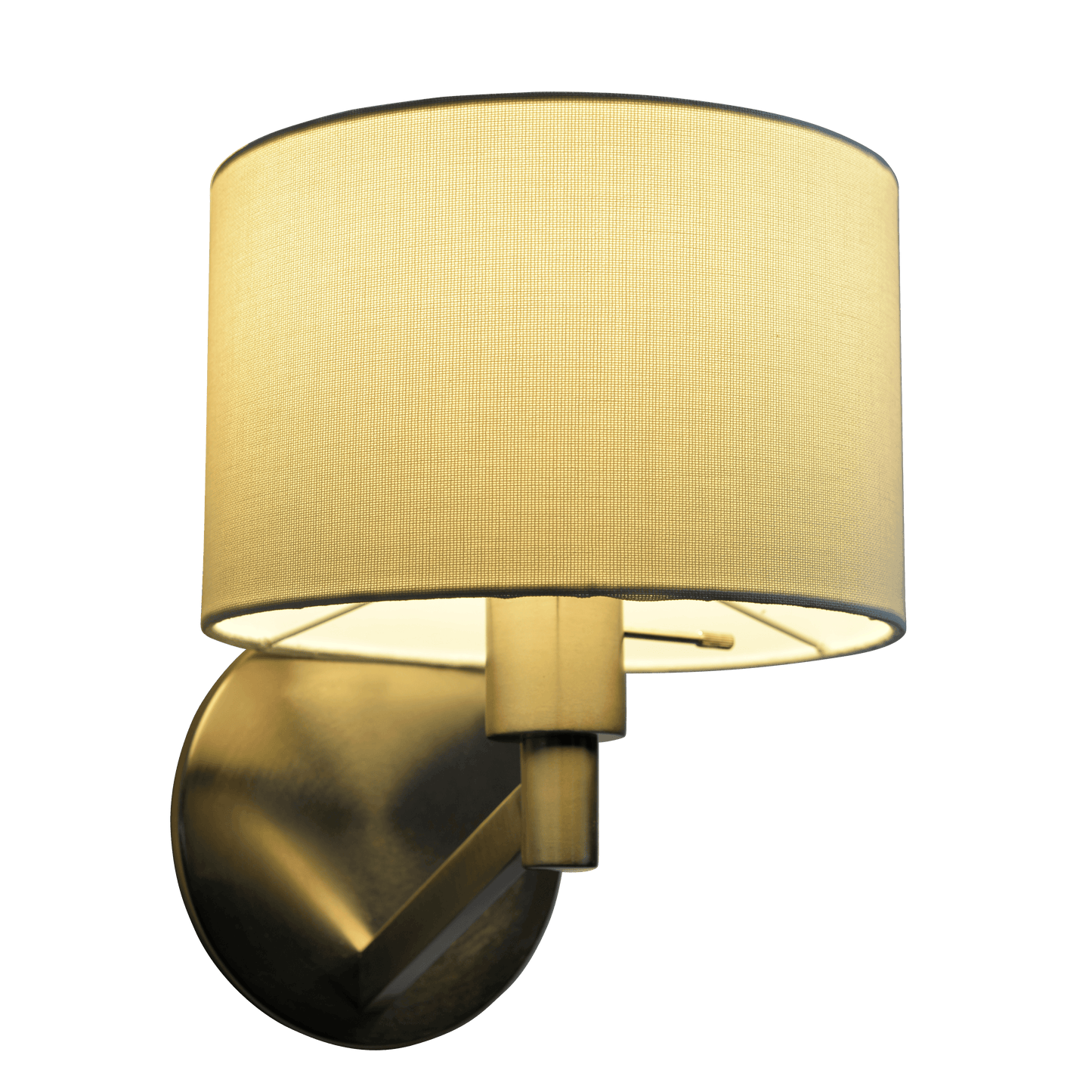 Modern brass wall sconce with a textured cream fabric drum shade perfect for ambient lighting