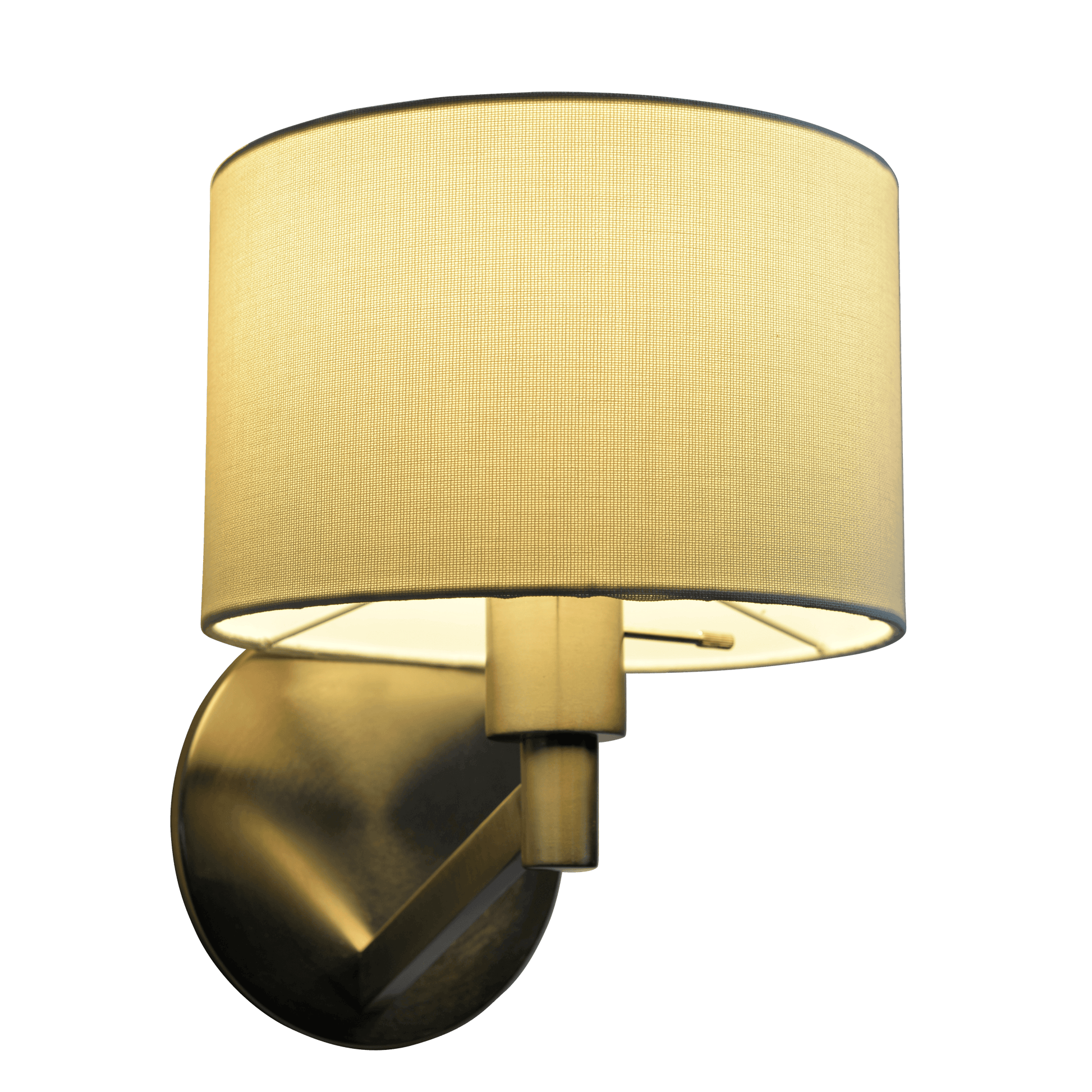 Modern brass wall sconce with a textured cream fabric drum shade perfect for ambient lighting