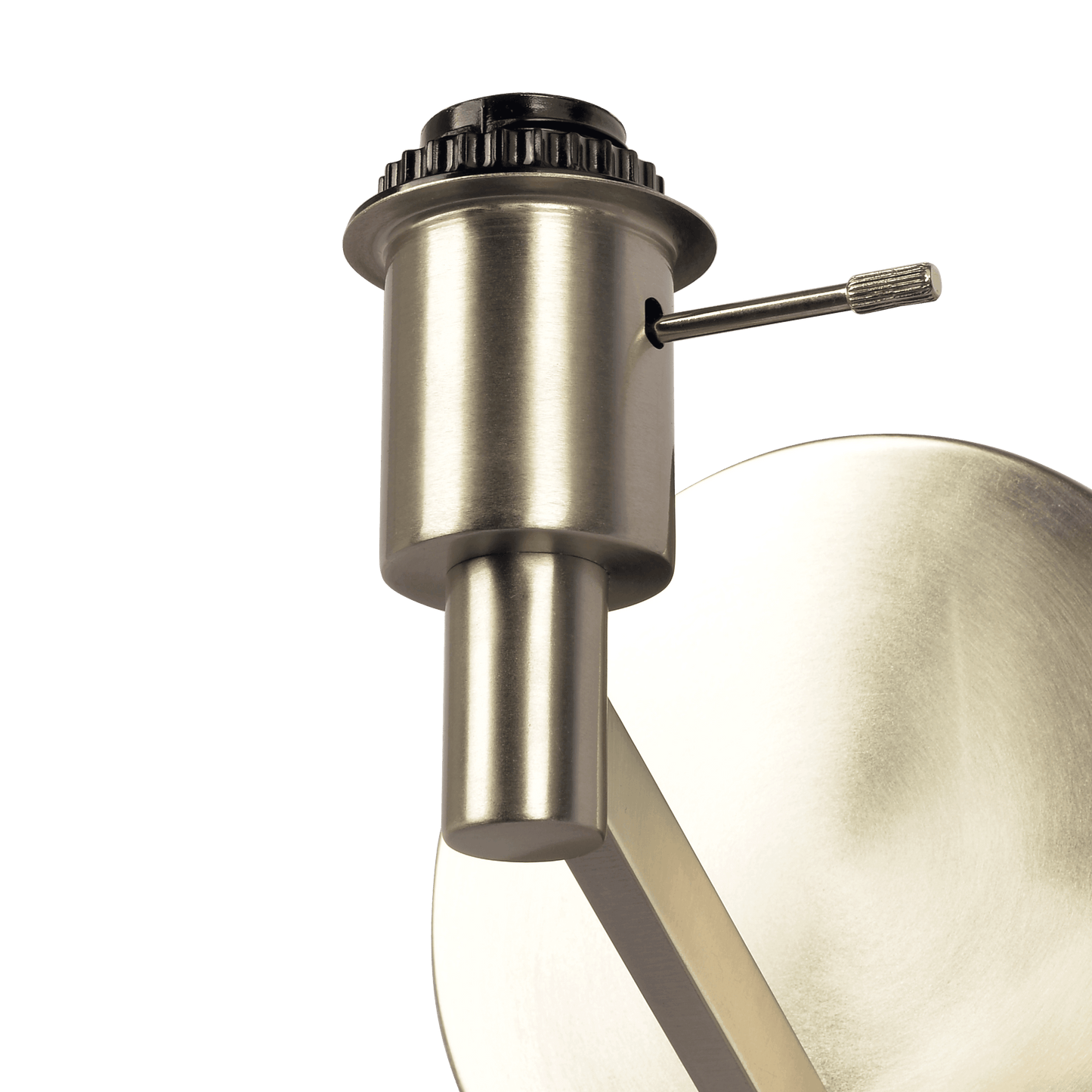 Brushed nickel wall sconce socket with a ribbed black finial and chrome pull chain