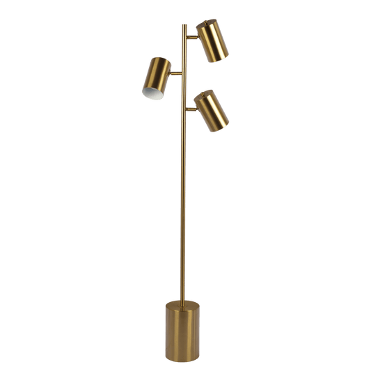Modern brass floor lamp with three adjustable cylinder spotlights and a weighted cylindrical base