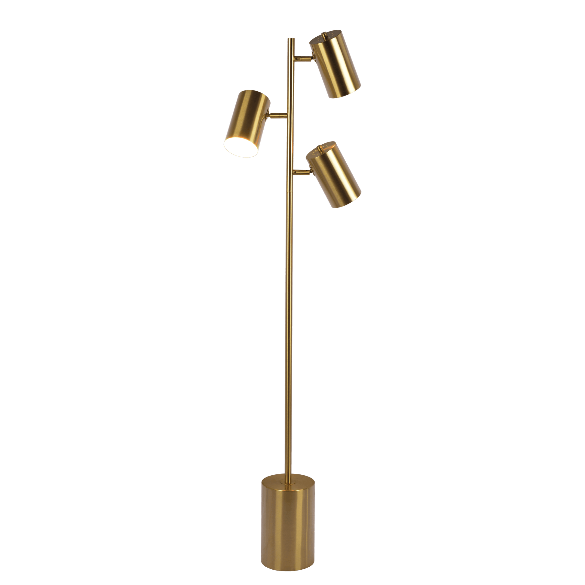 Modern brass tripod floor lamp with three adjustable spotlights
