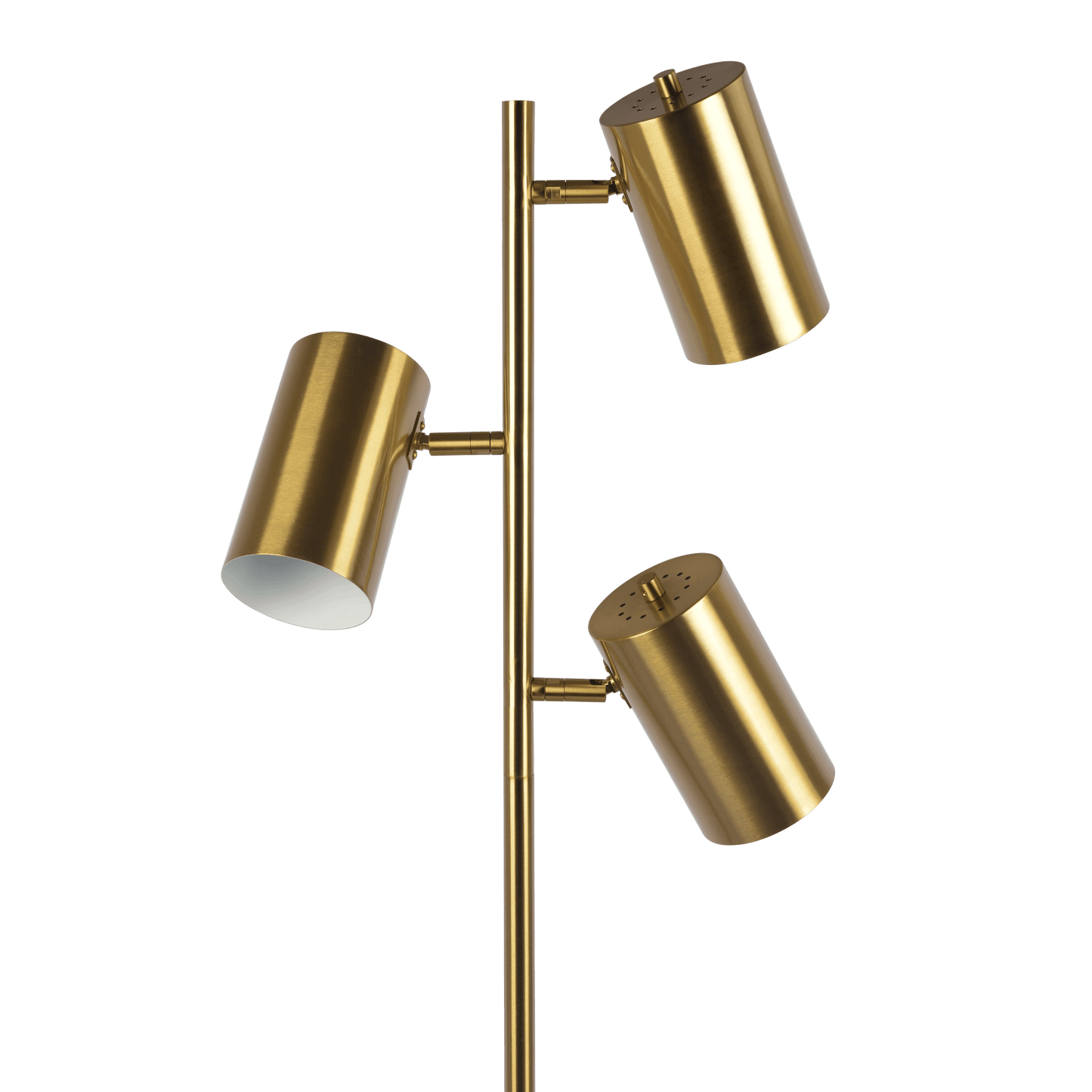 Modern brushed brass floor lamp with three adjustable spotlight heads