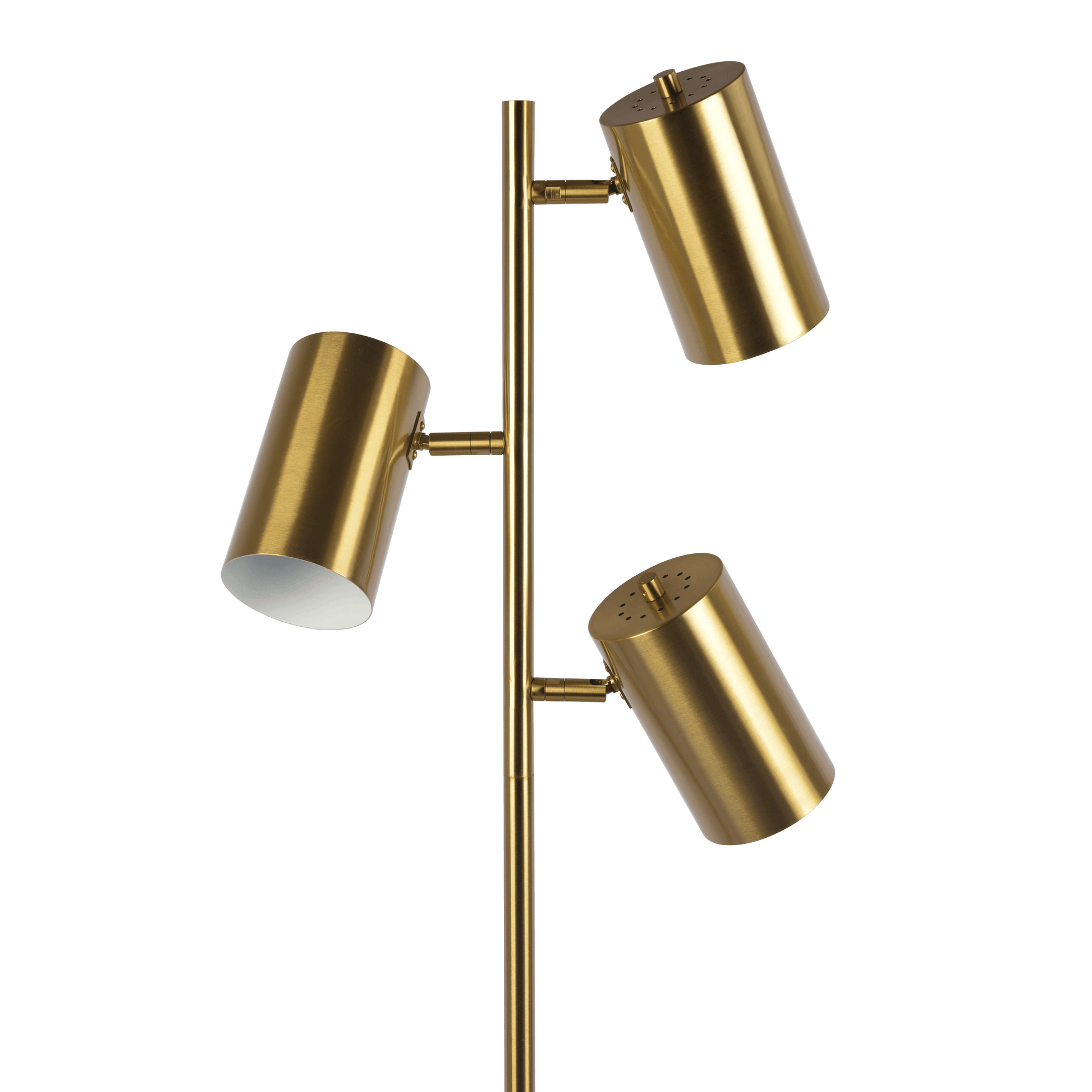 Modern brushed brass floor lamp with three adjustable spotlight heads