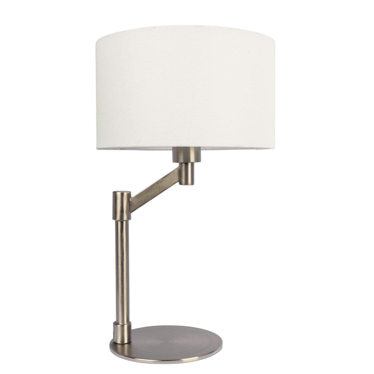 Modern brushed nickel desk lamp with adjustable arm and white fabric shade