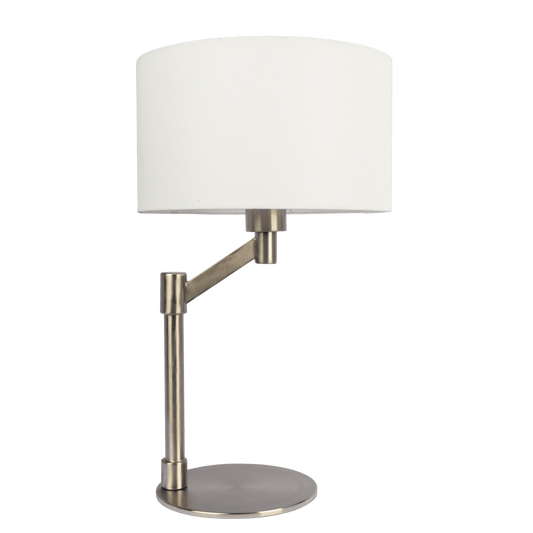 Modern brushed nickel desk lamp with adjustable arm and white fabric shade