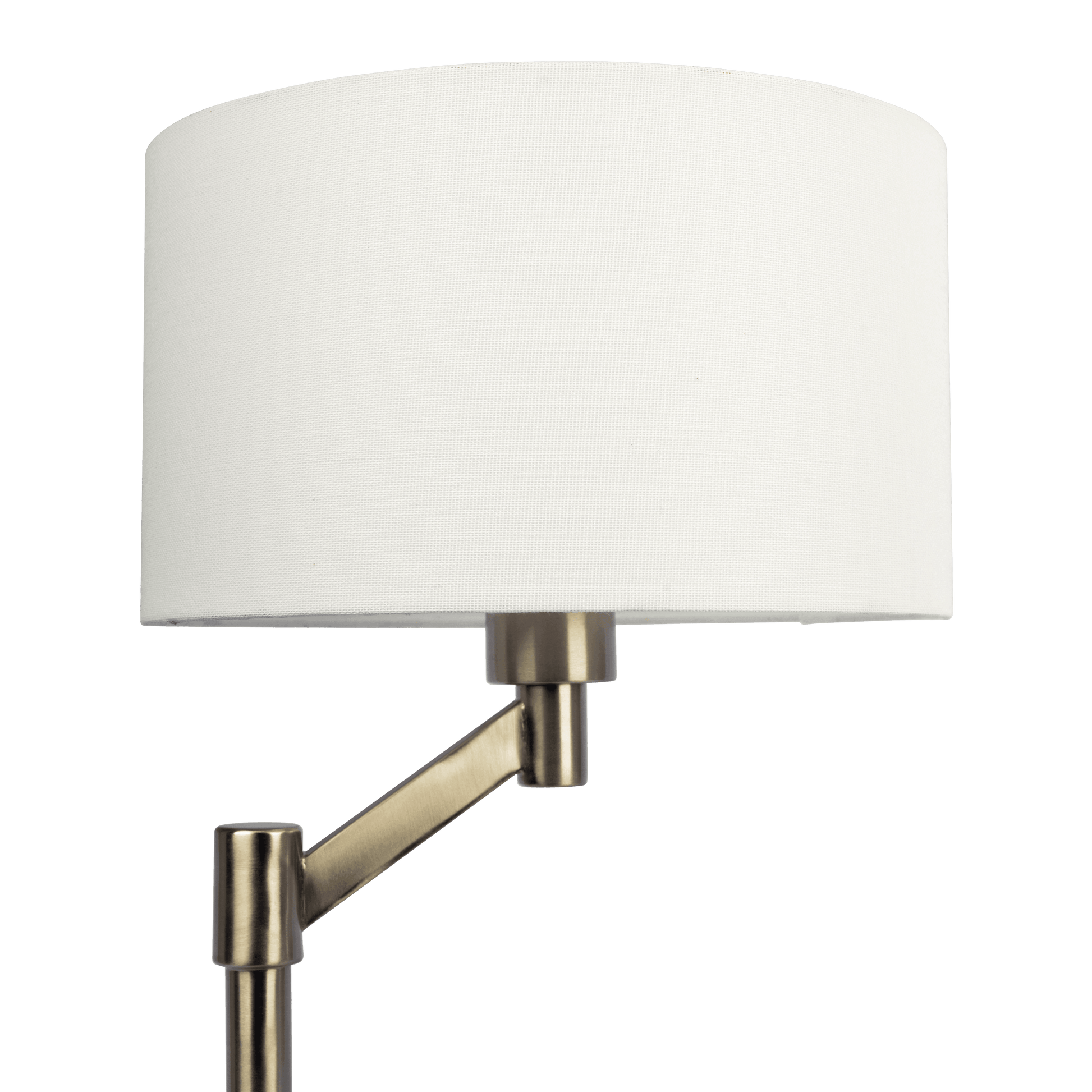 Closeup of a white textured lampshade with an adjustable brushed brass arm