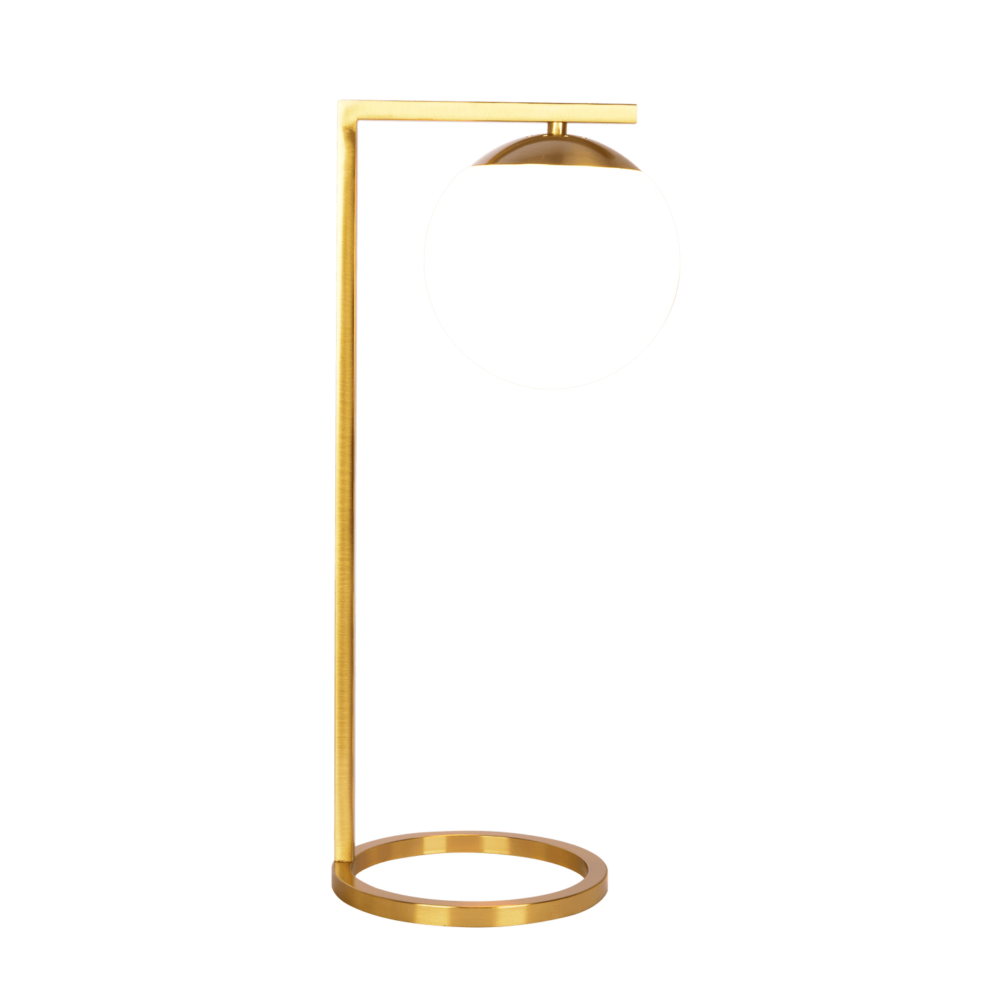 Modern gold desk lamp with a white globe shade and circular base