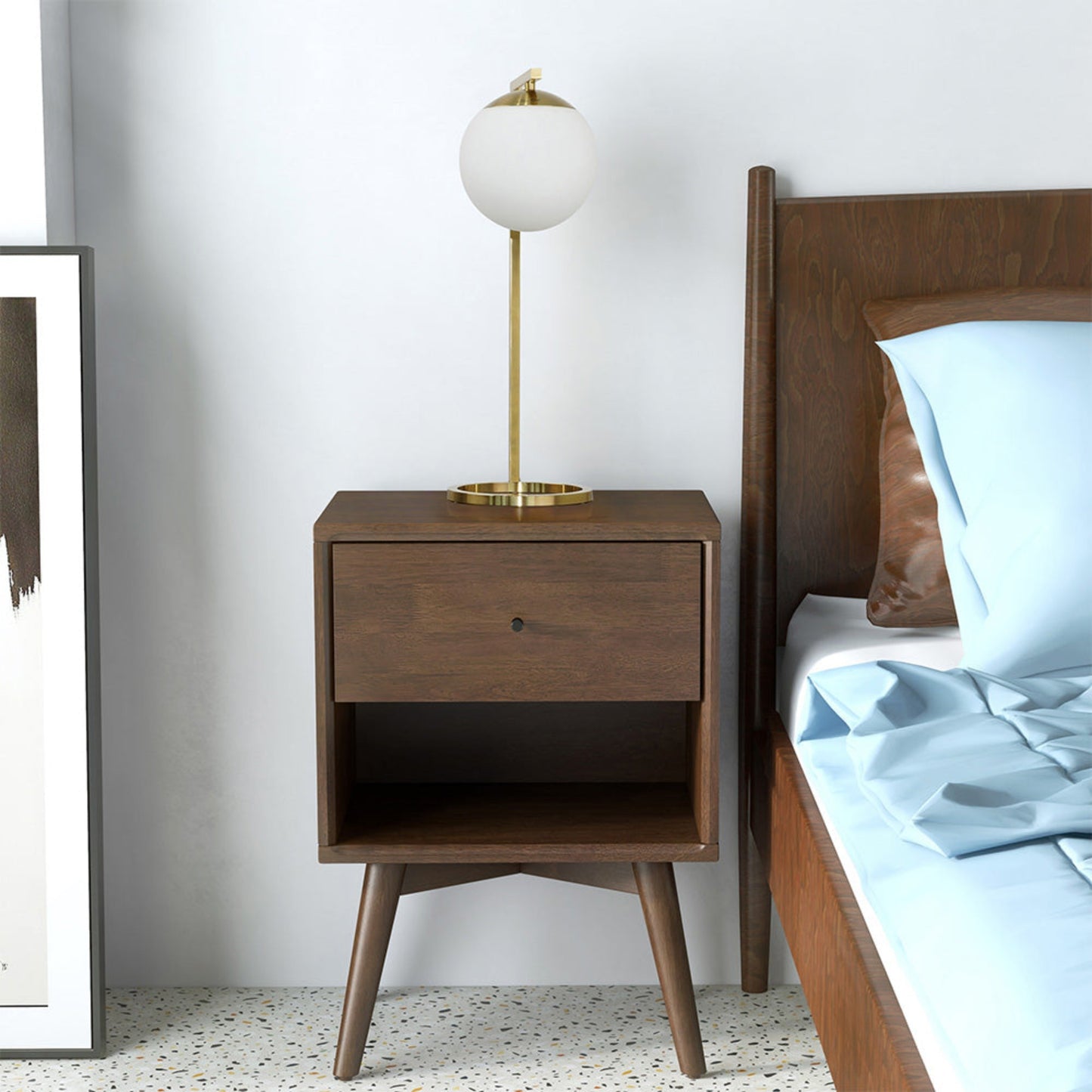 Midcentury modern walnut nightstand with one drawer and open shelf
