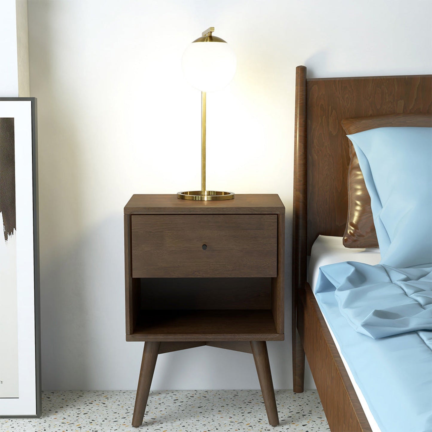 Dark wood midcentury modern nightstand with one drawer and open shelf