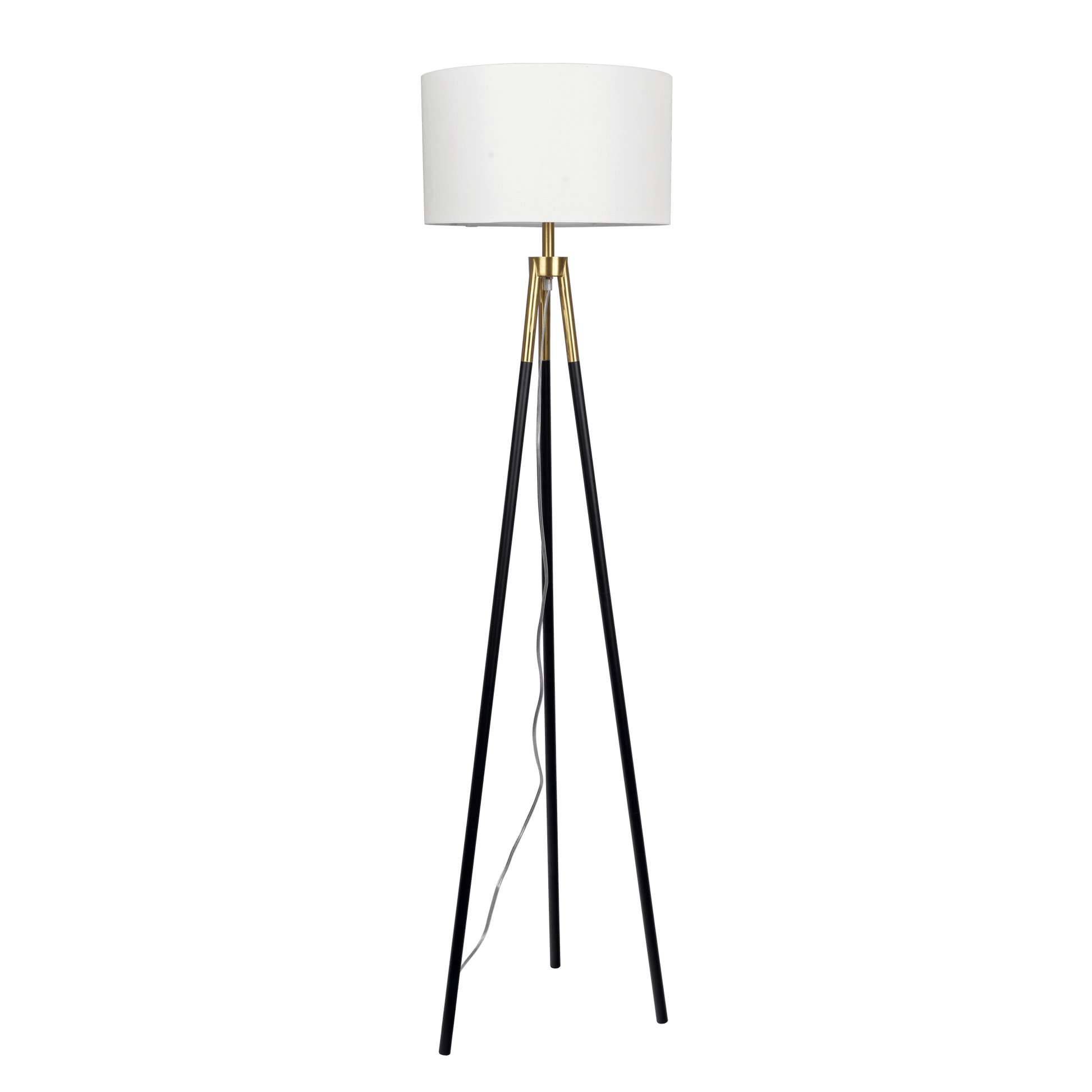 Modern tripod floor lamp with white drum shade and black legs