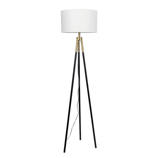 Modern tripod floor lamp with white drum shade and black legs
