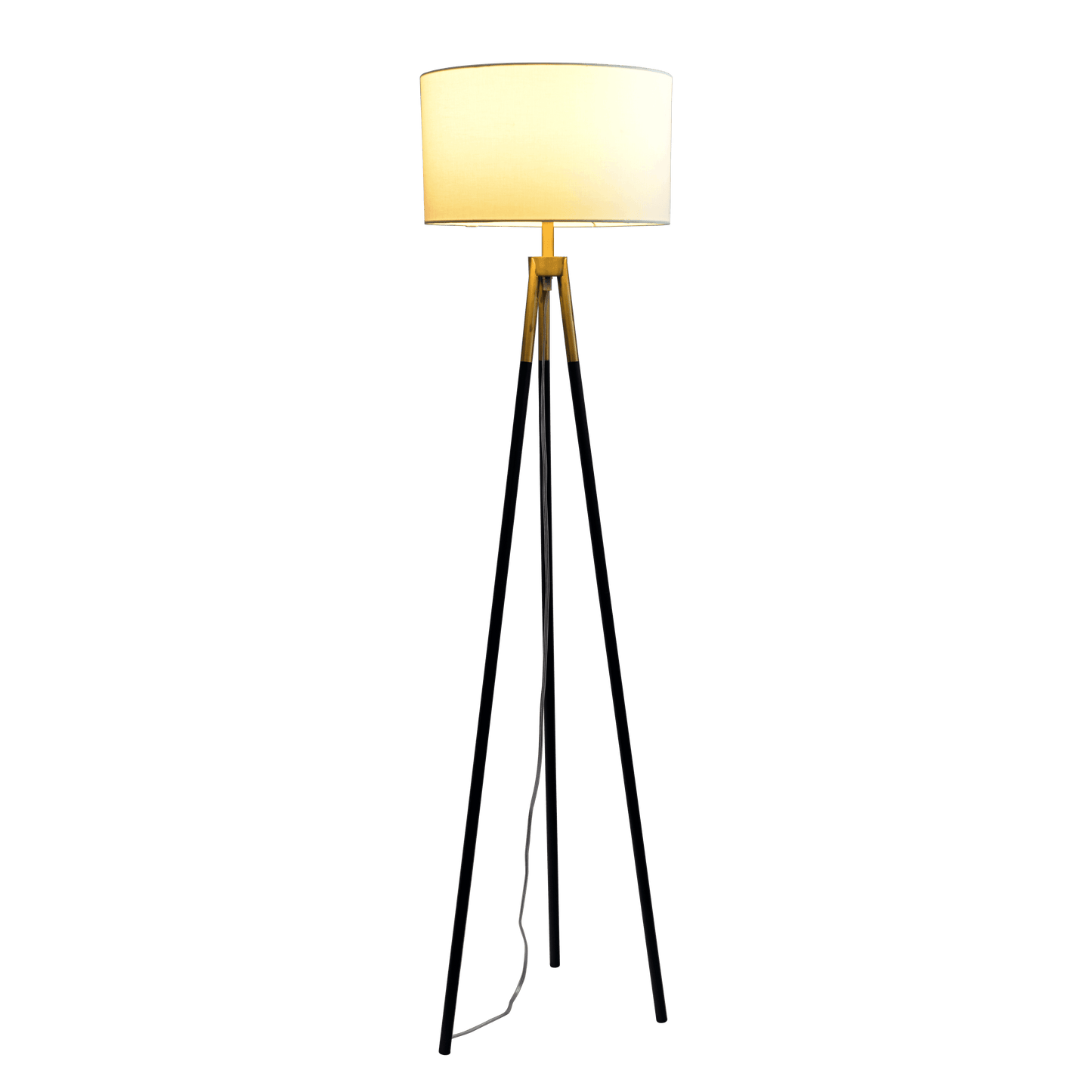 Modern tripod floor lamp with white drum shade and gold accents