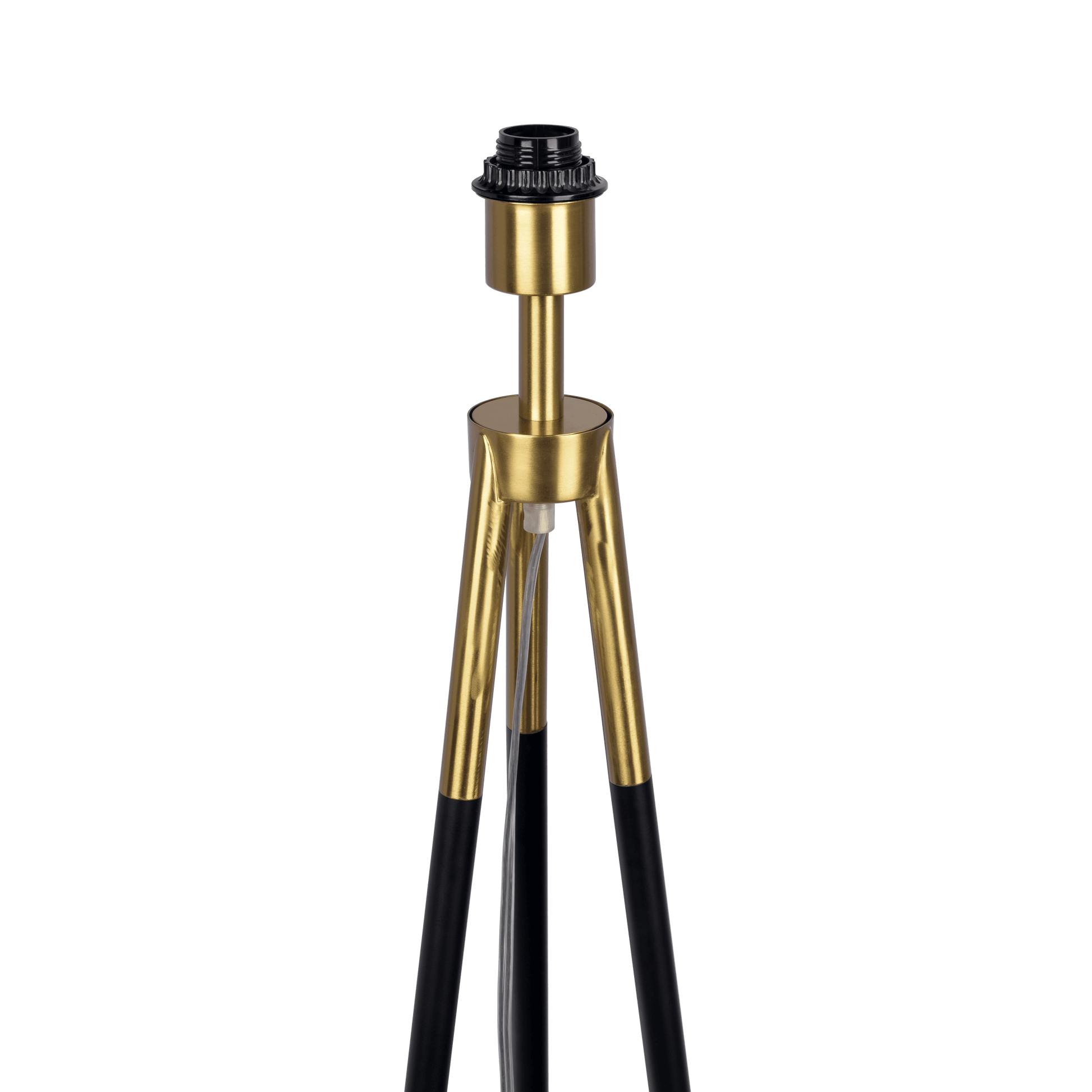 Brass and black tripod floor lamp base with gold socket