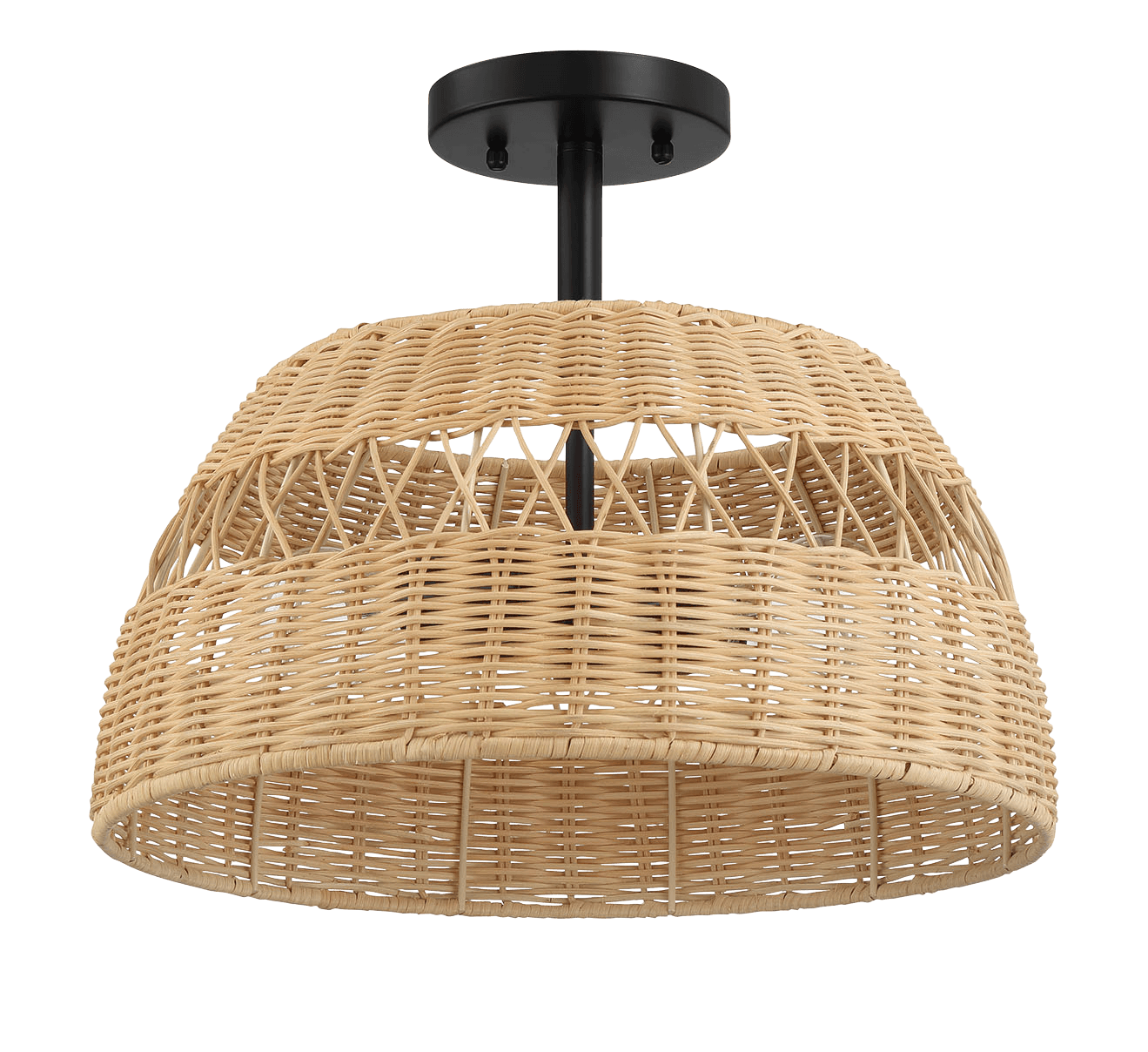 Natural woven rattan flush mount ceiling light with black hardware