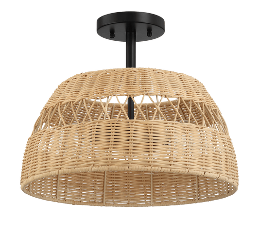 Natural woven rattan flush mount ceiling light with black hardware