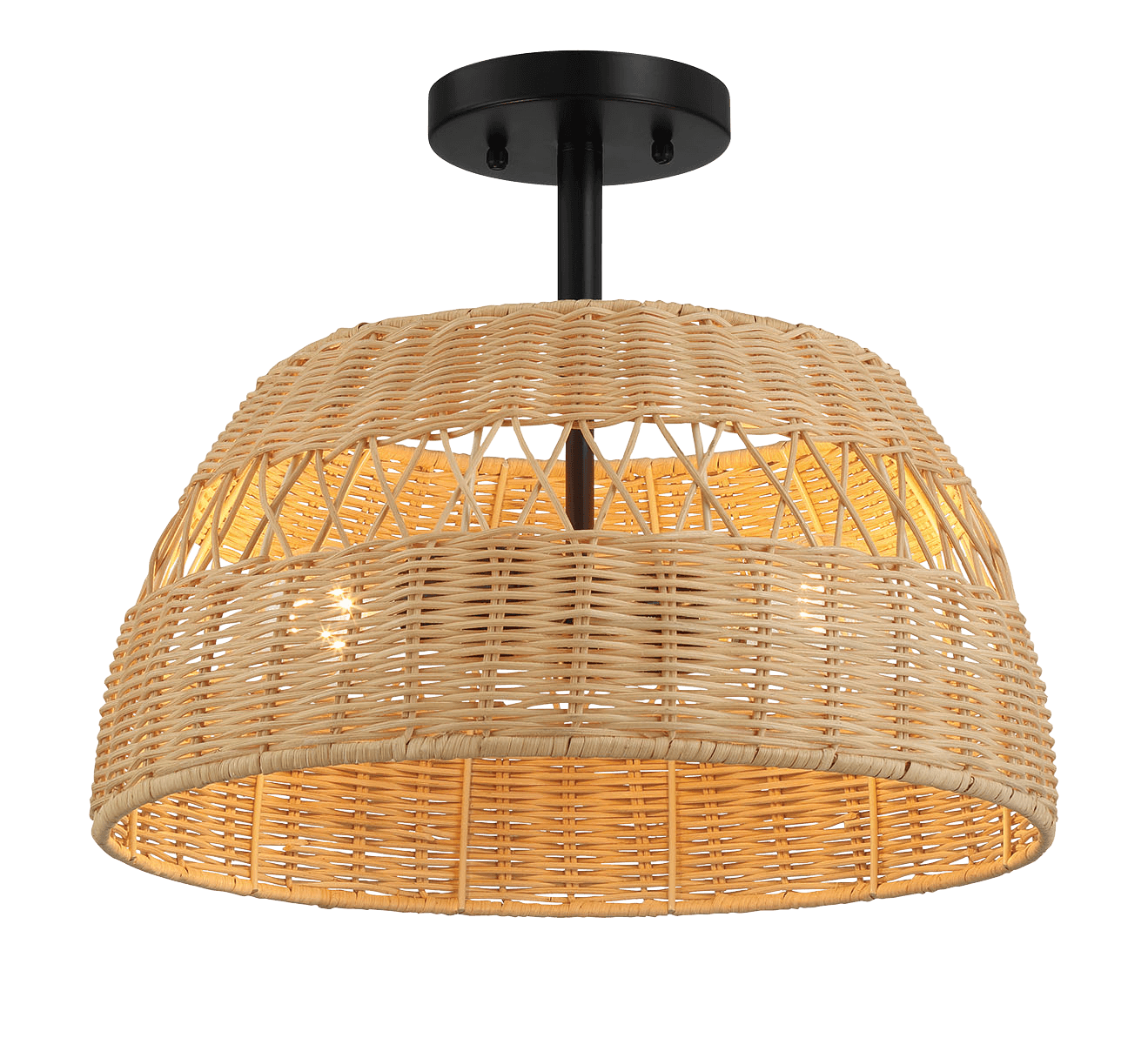 Natural rattan semiflush mount ceiling light with black hardware casting warm ambient light