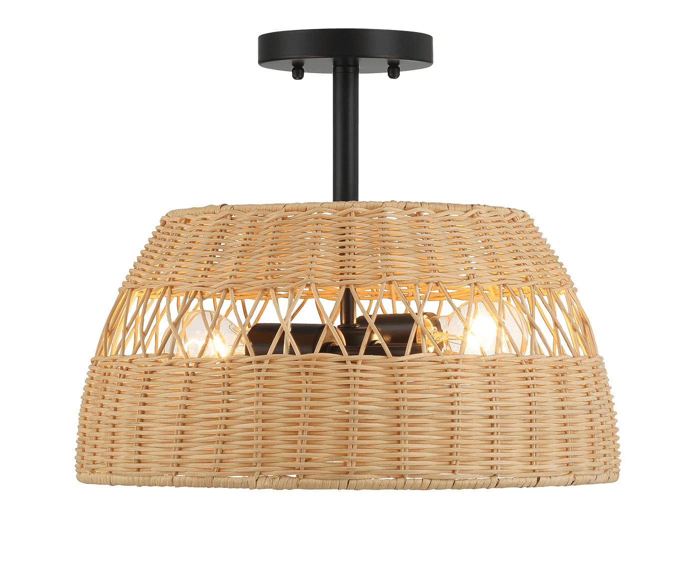 Natural woven rattan flush mount light fixture with exposed bulbs and black accents