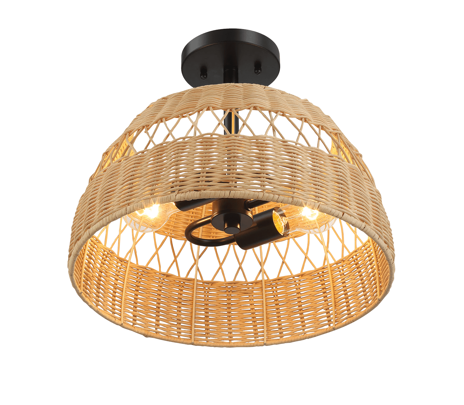 Natural wicker ceiling light with black metal accents and exposed bulbs