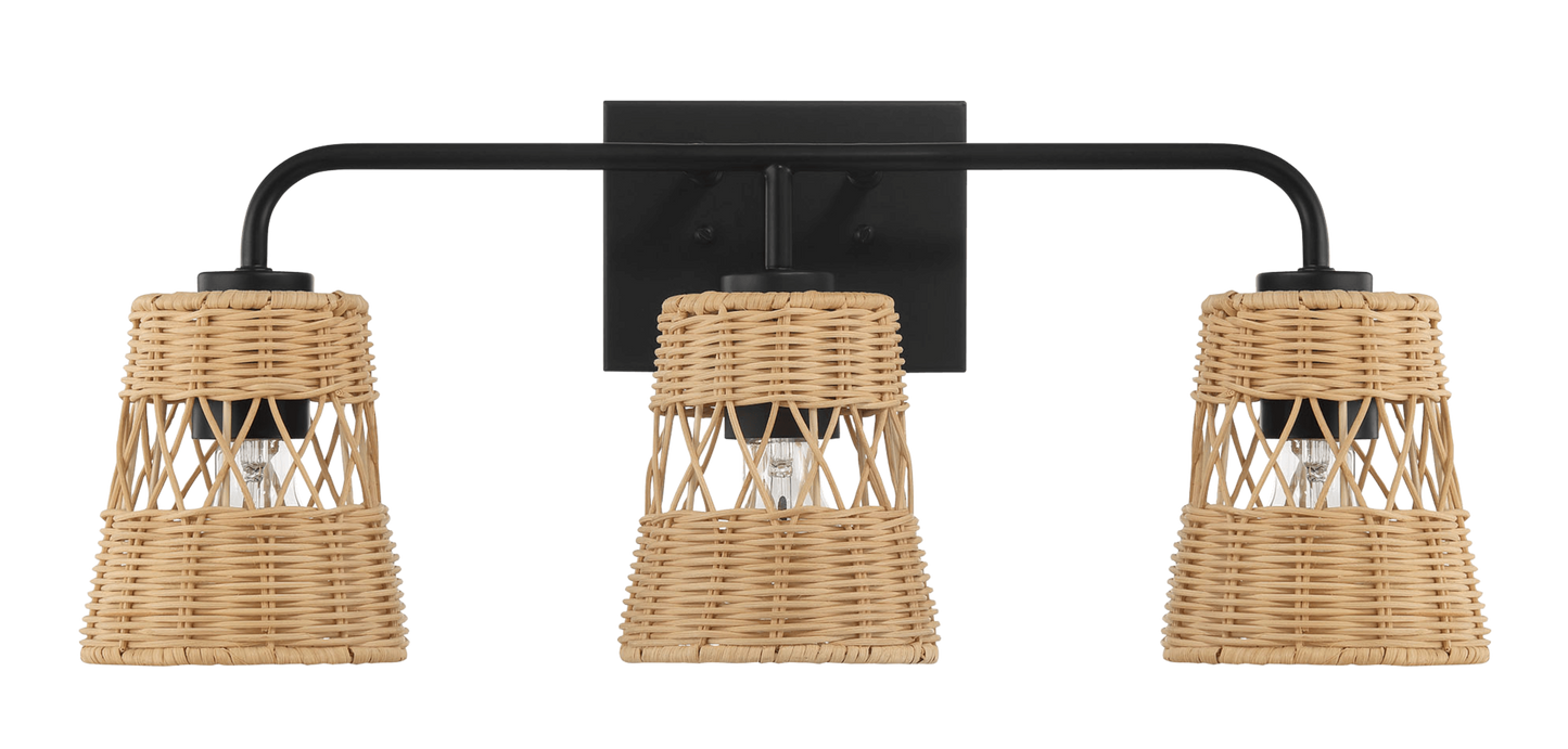 Black modern sconce with three woven rattan shades ideal for bathroom vanity lighting