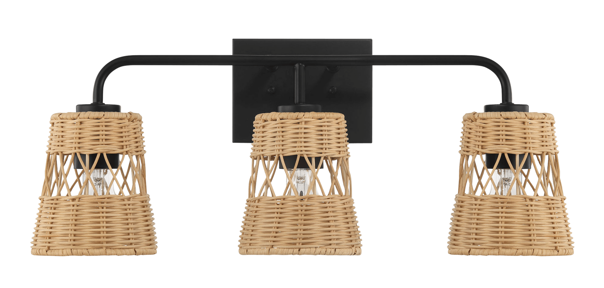 Black modern sconce with three woven rattan shades ideal for bathroom vanity lighting