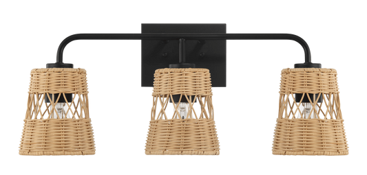 Black modern sconce with three woven rattan shades ideal for bathroom vanity lighting