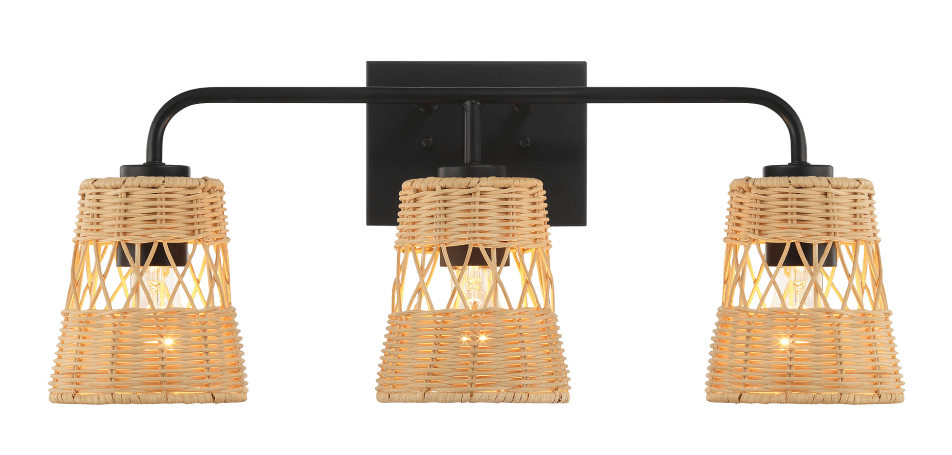 Black metal vanity light with three natural woven rattan shades and exposed bulbs