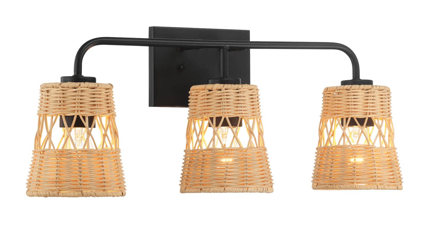 Threelight black metal vanity light with natural woven rattan shades casting warm light