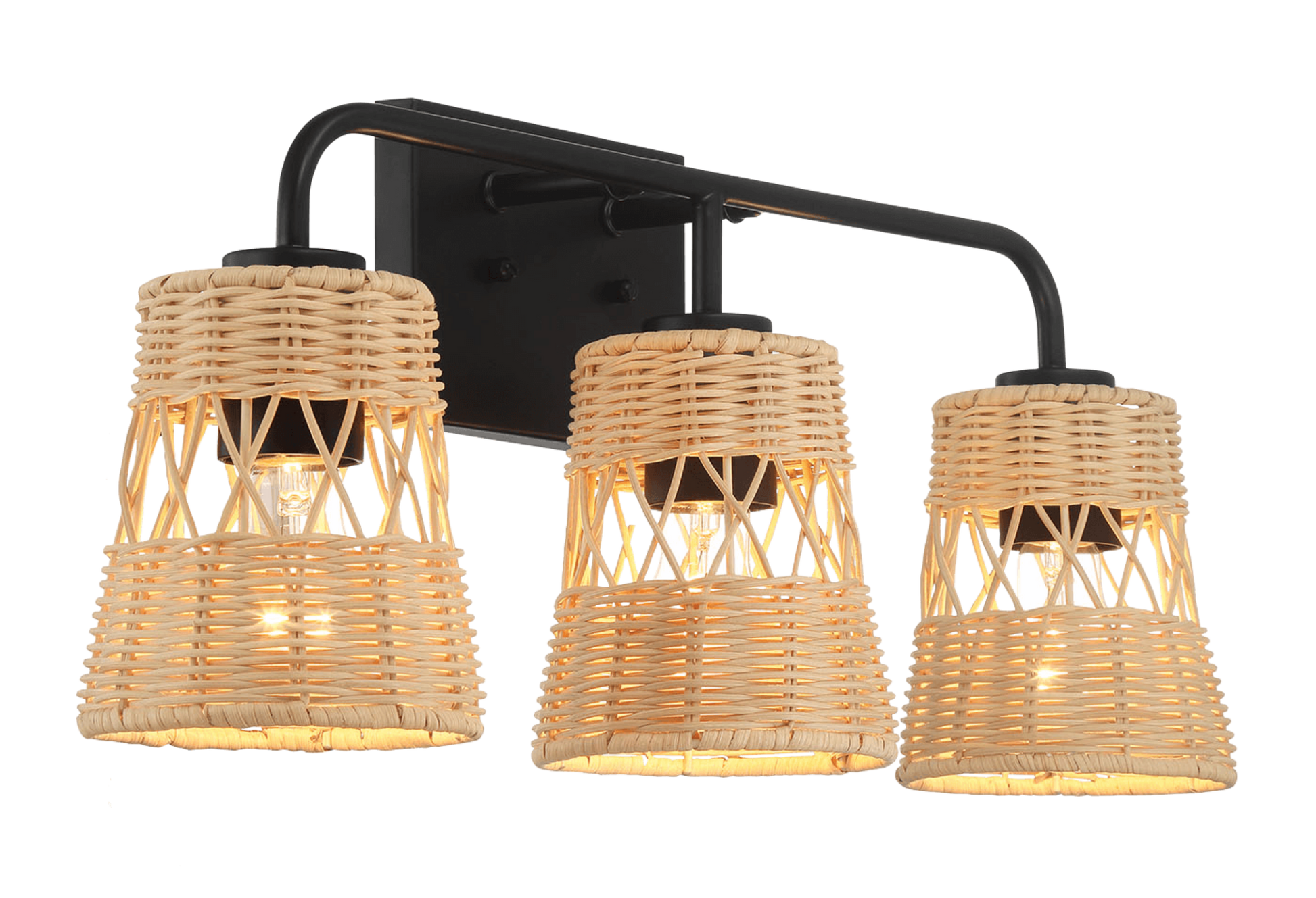Woven wicker wall sconce with three natural rattan shades and black metal accents