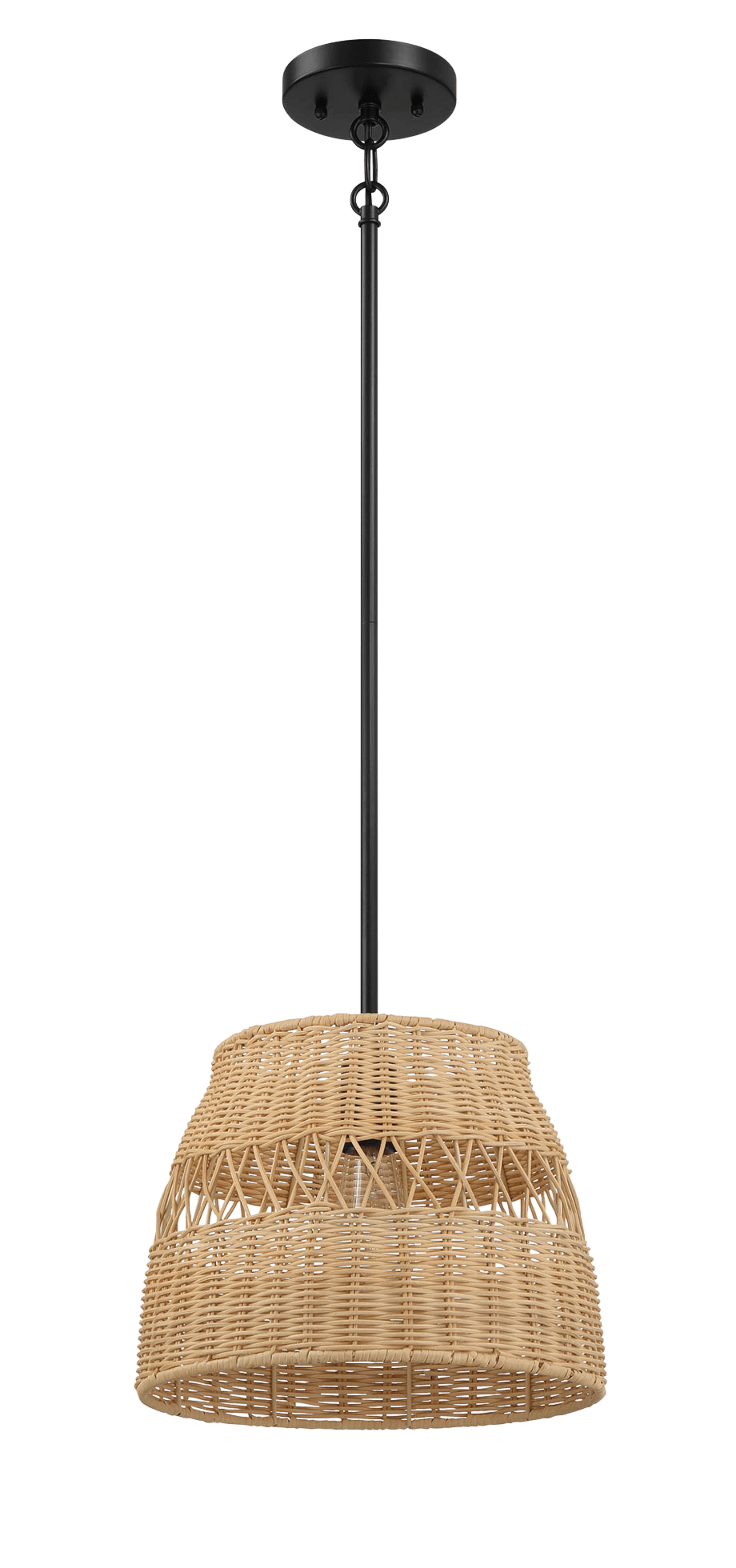 Natural rattan pendant light with a tiered woven shade and black chain