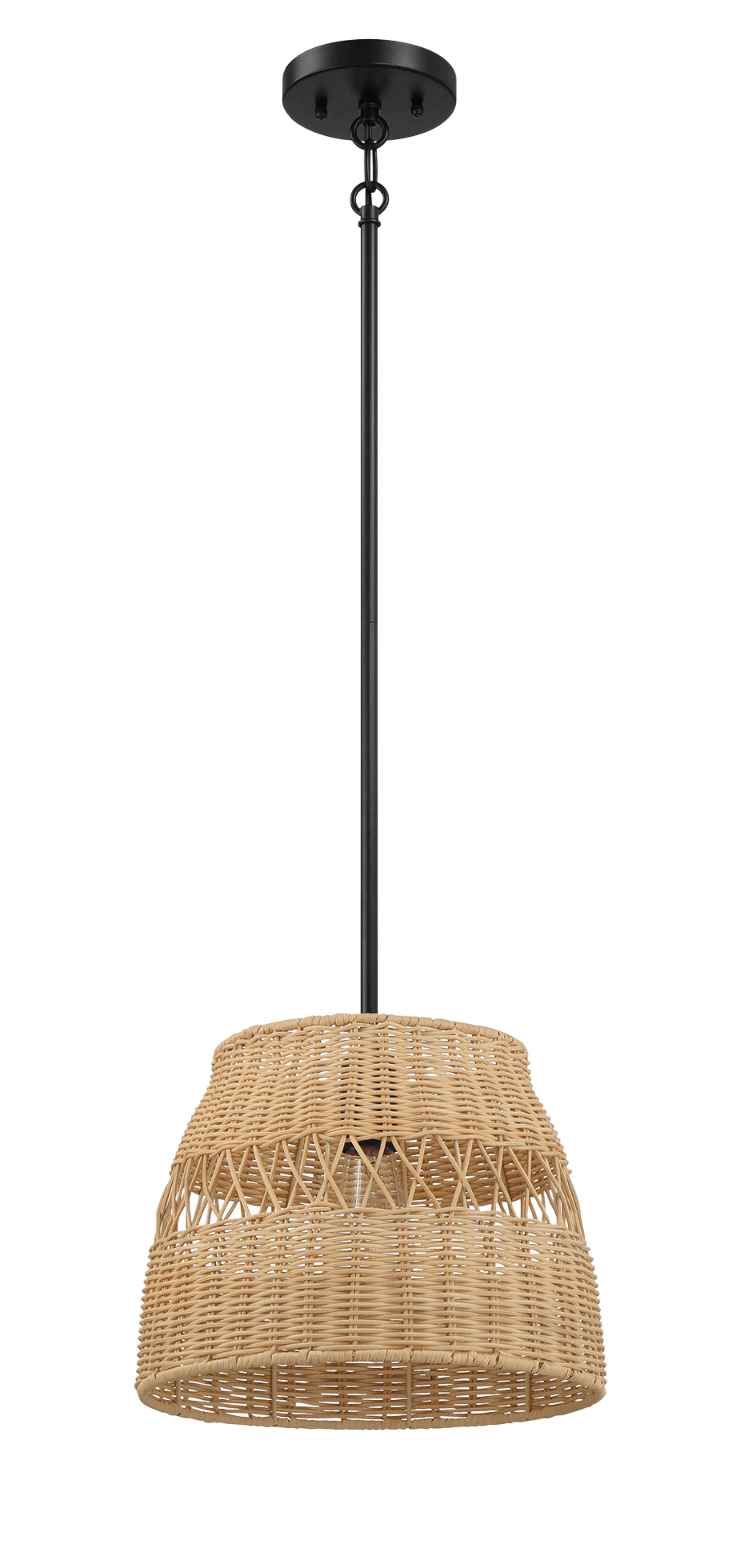 Natural rattan pendant light with a tiered woven shade and black chain
