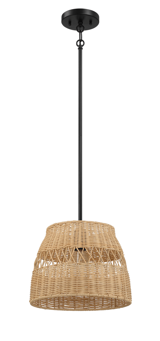 Natural rattan pendant light with a tiered woven shade and black chain