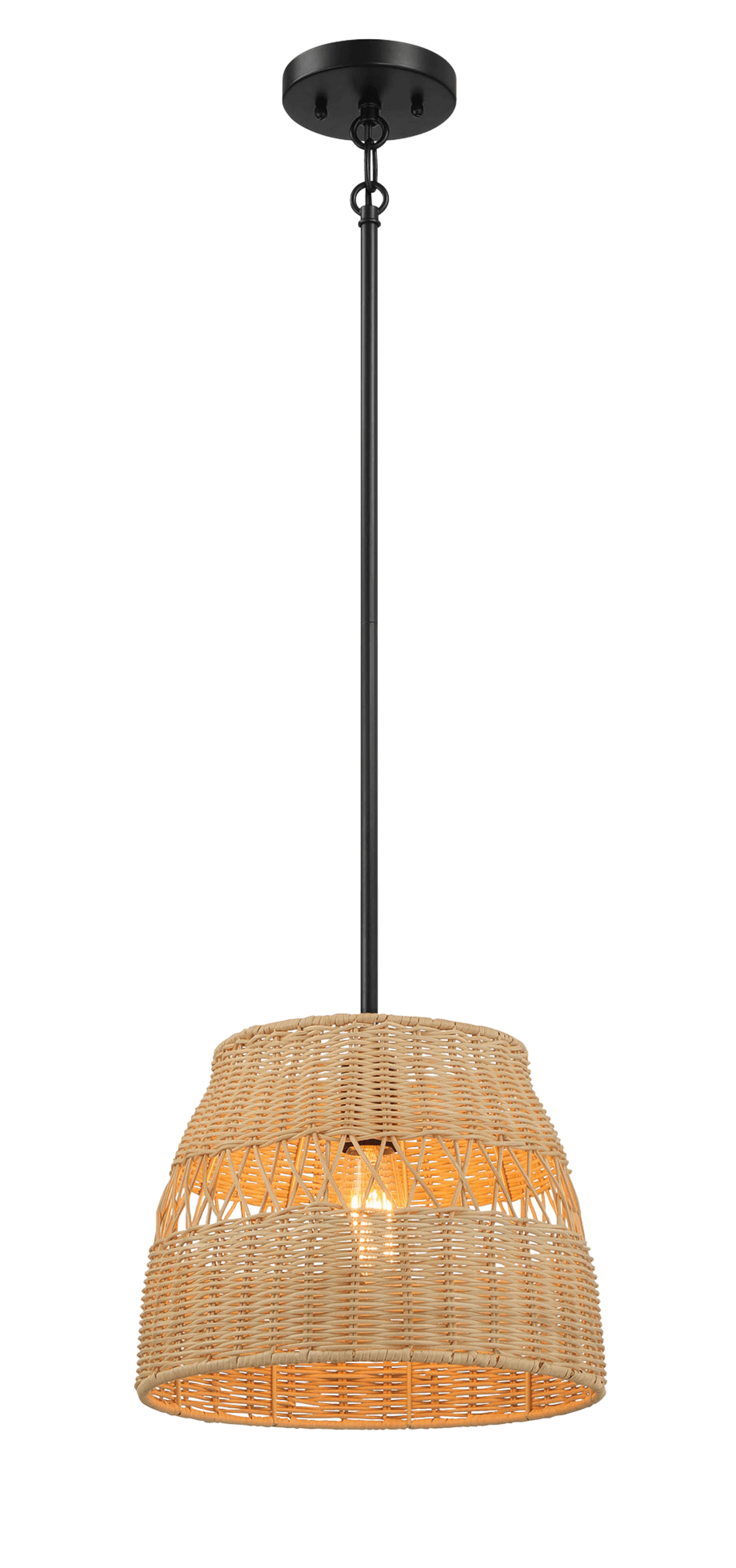 Woven natural rattan pendant light with black metal accents providing ambient kitchen lighting