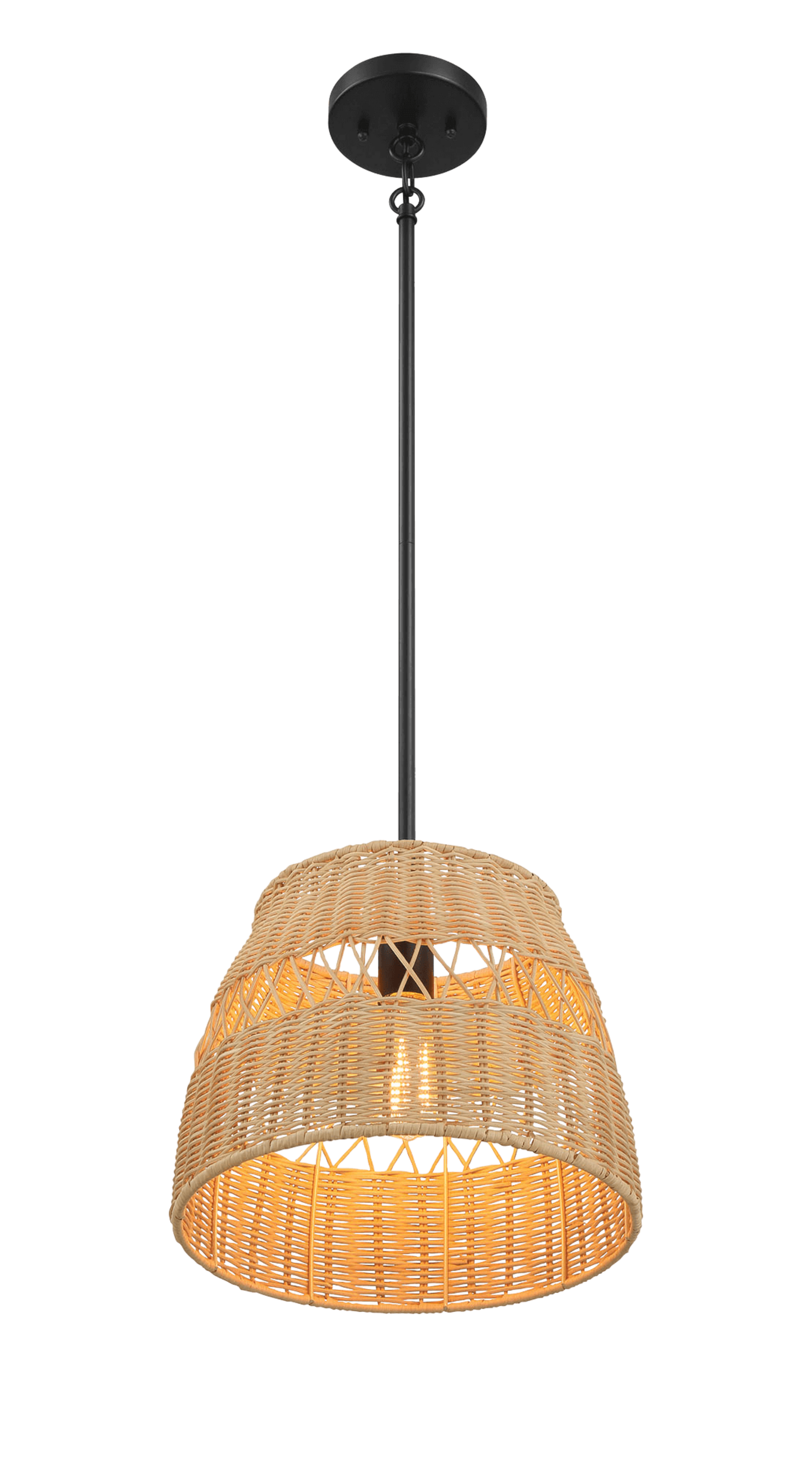 Natural woven rattan pendant light with a black metal accent and chain for warm ambient lighting