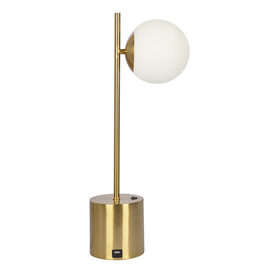 Modern brass table lamp with a frosted white globe shade and USB charging port