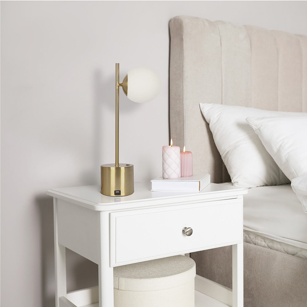 Modern brass desk lamp with frosted globe shade perfect for bedside tables