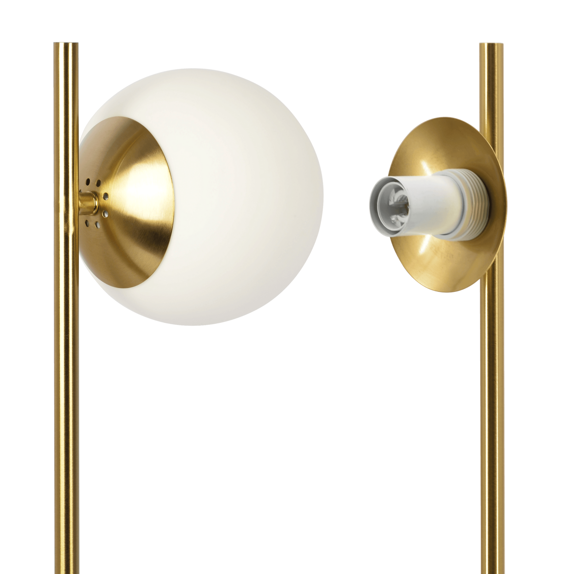 Modern brass floor lamp with a white glass globe shade and exposed bulb socket