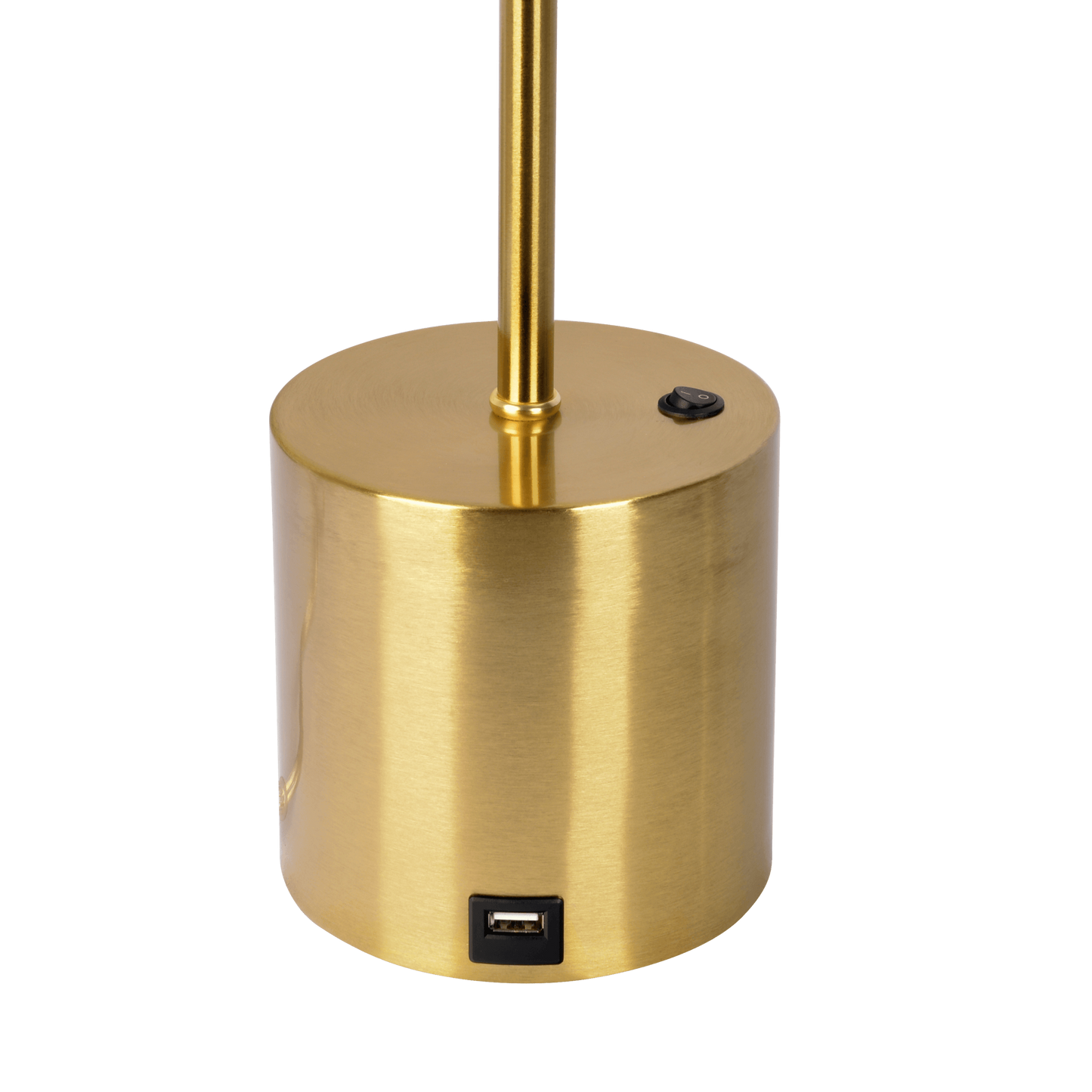 Brushed brass finish on lamp base with integrated USB port and onoff switch