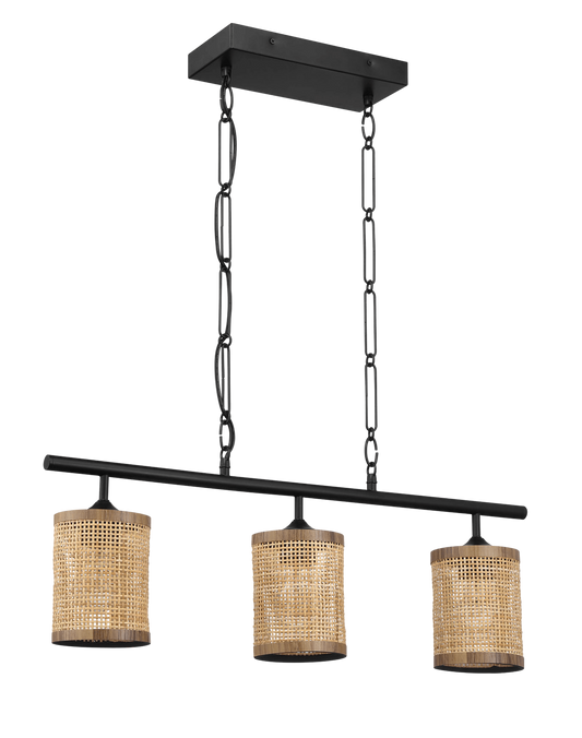 Black linear chandelier with three rattan cylinder shades and metal chain suspension