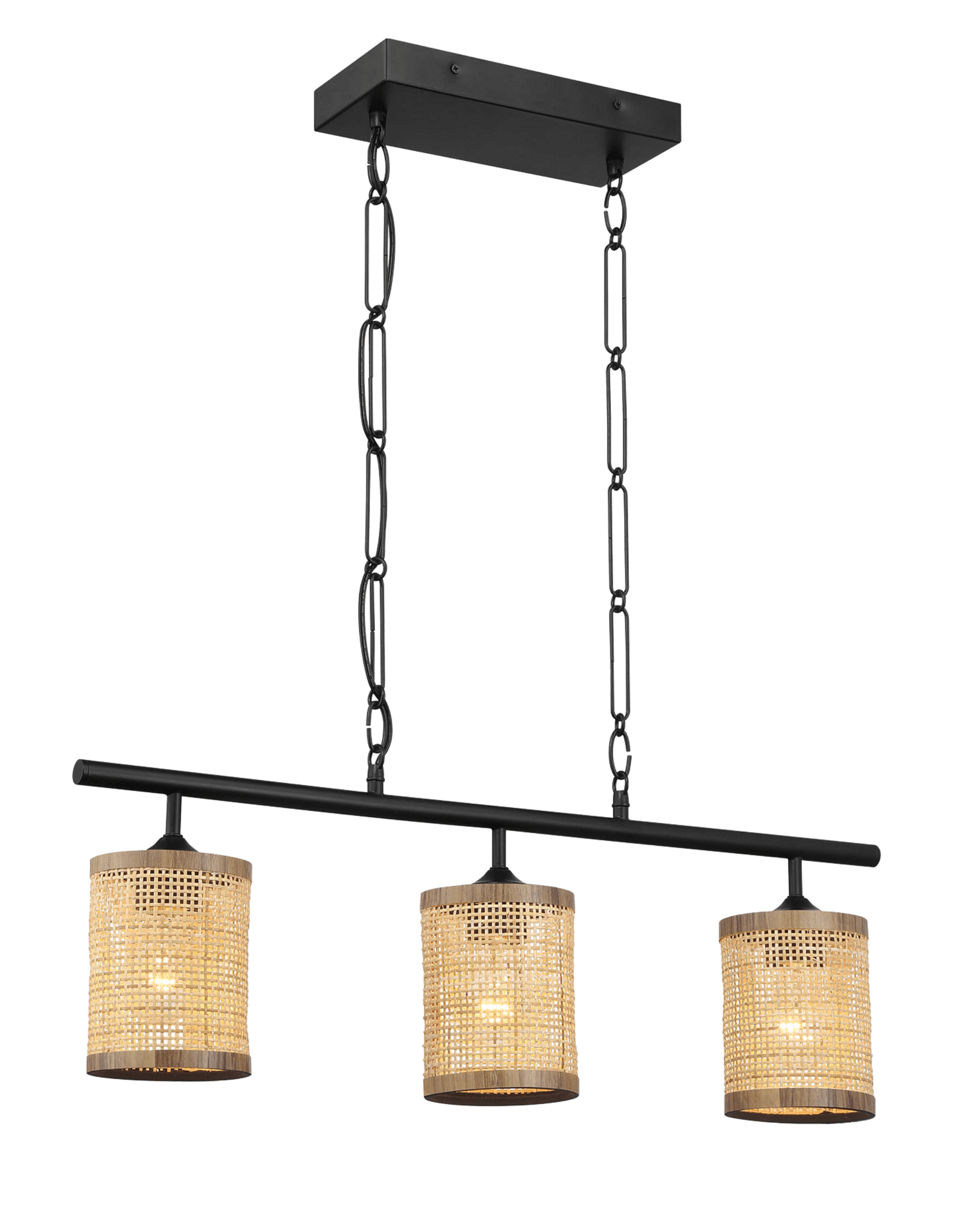 Black linear chandelier with three natural rattan shades ideal for dining rooms