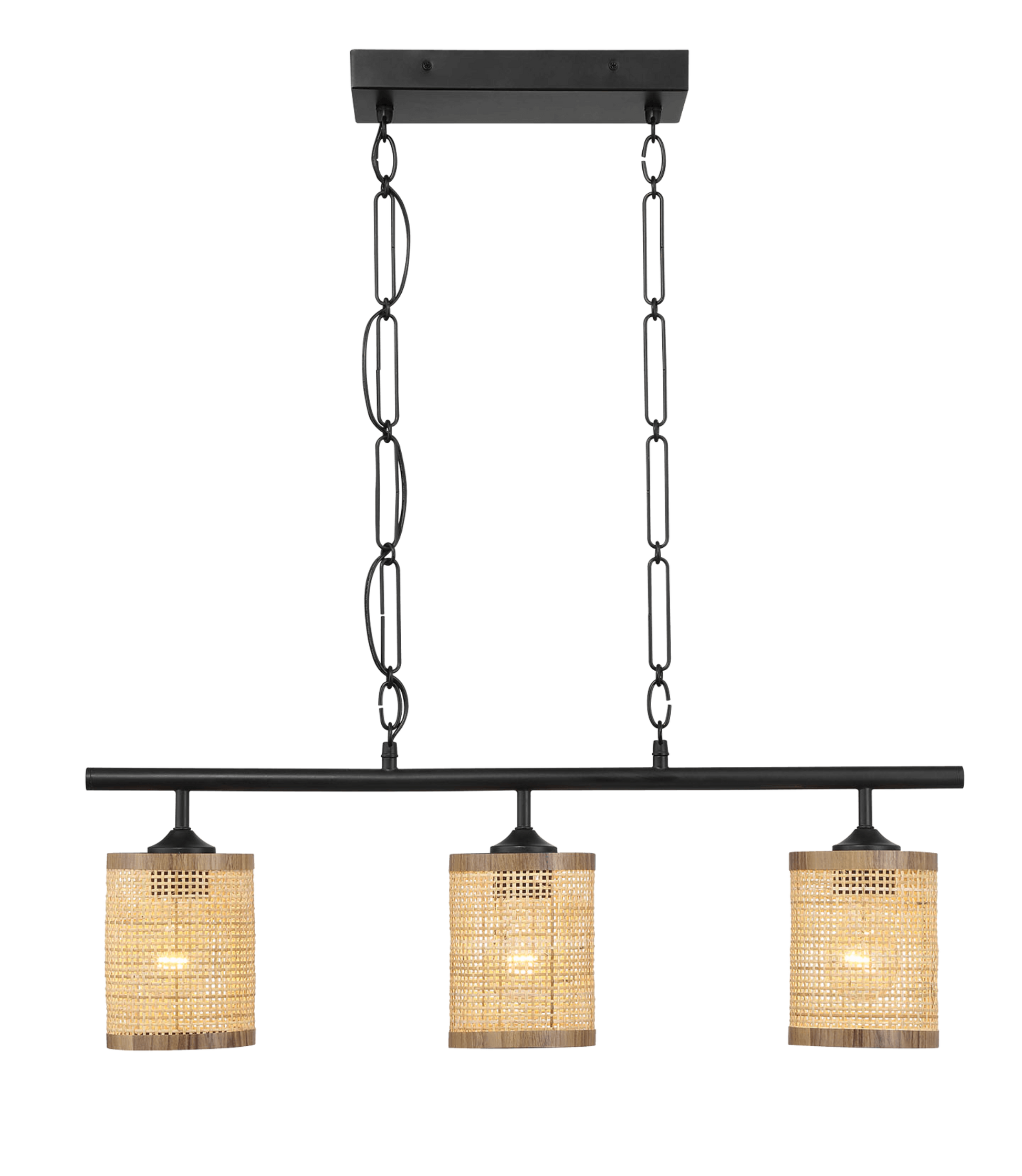 Black chainhung light pendant with woven rattan shades and wood trim