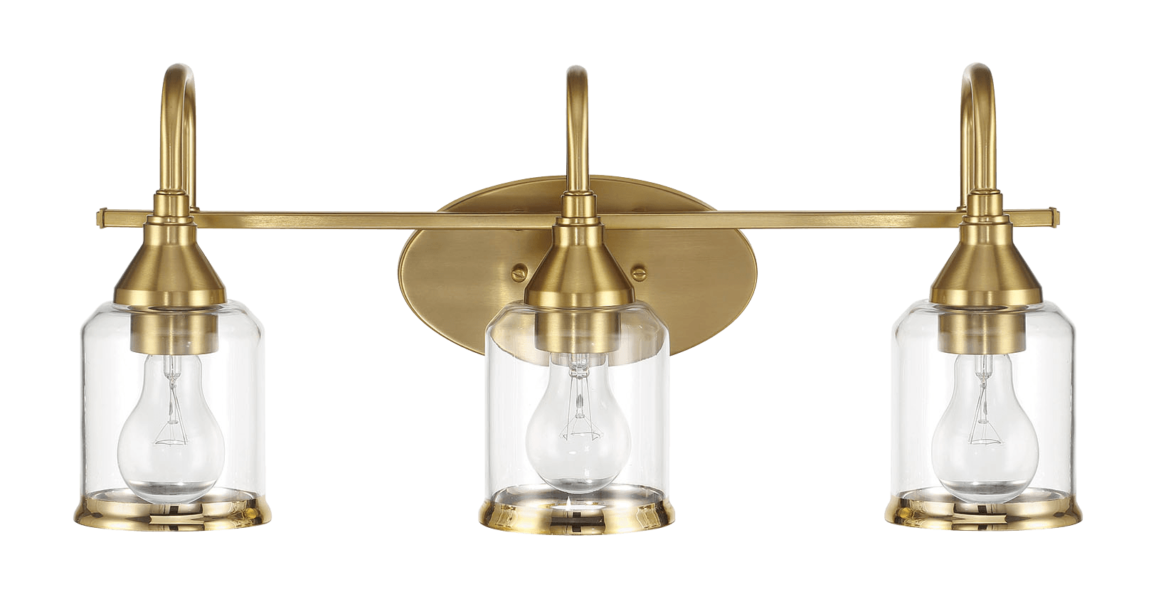 Threelight brushed brass vanity light with clear glass shades and exposed bulbs