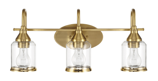 Threelight brushed brass vanity light with clear glass shades and exposed bulbs