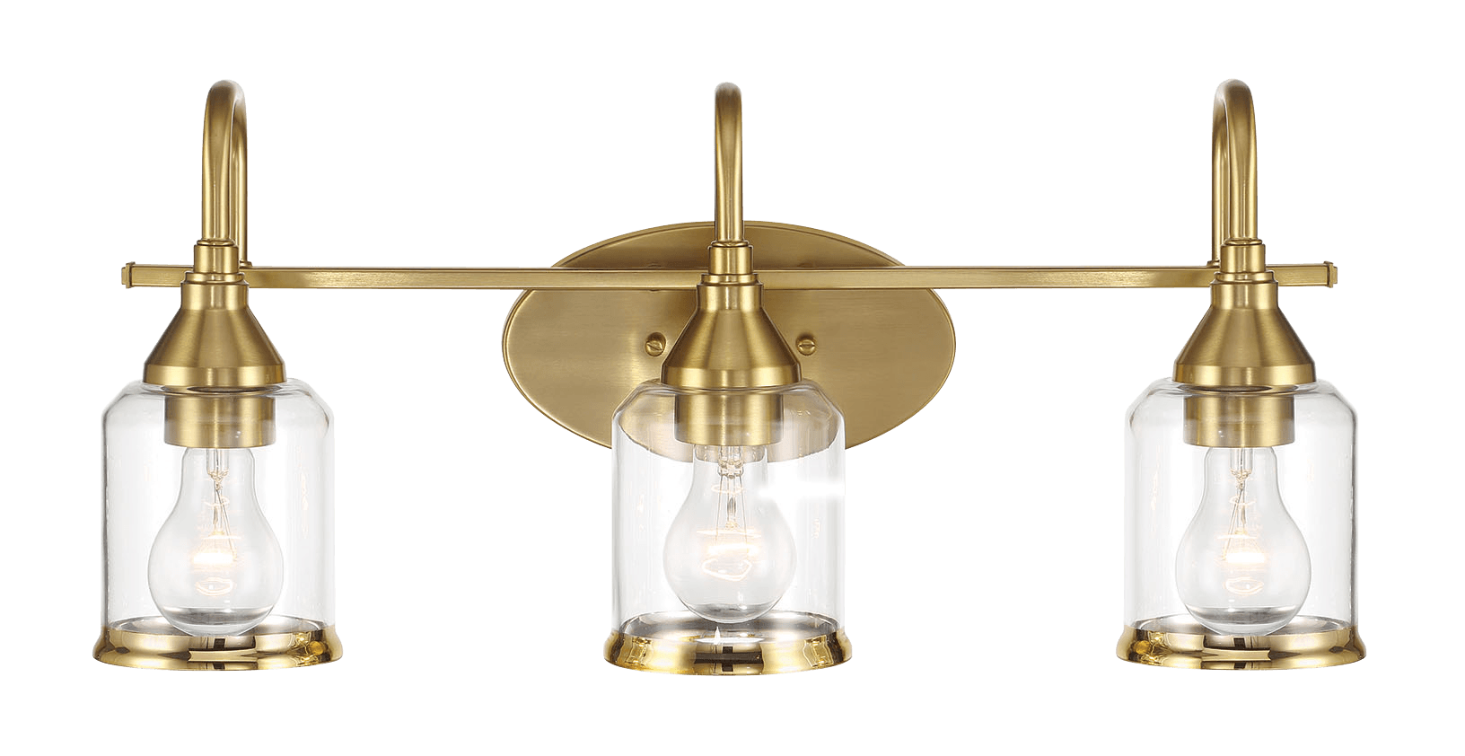 Threelight brass vanity light with clear glass shades and exposed Edison bulbs